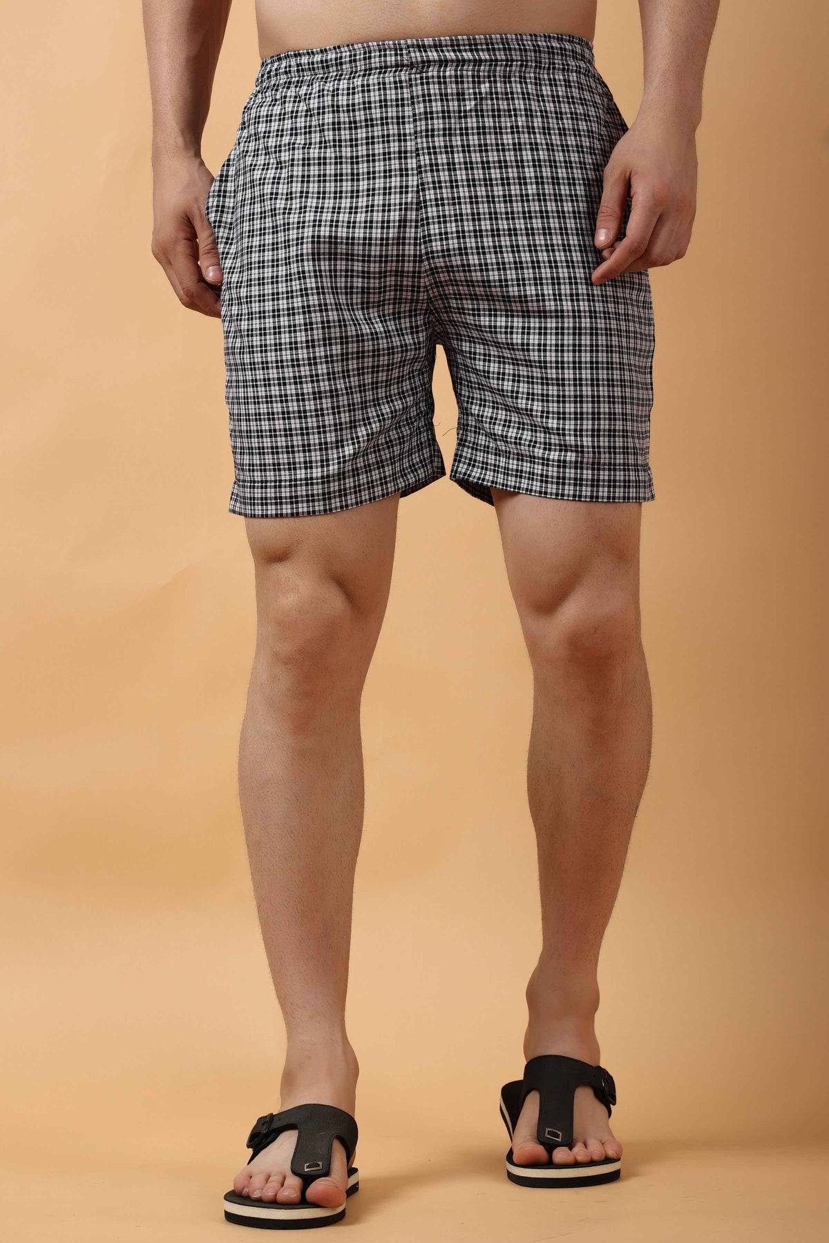 Buy Plus Size ​Black Grid Printed Cotton Shorts At Apella | Sizes XS to 10 XL | India | Free Delivery | Customized