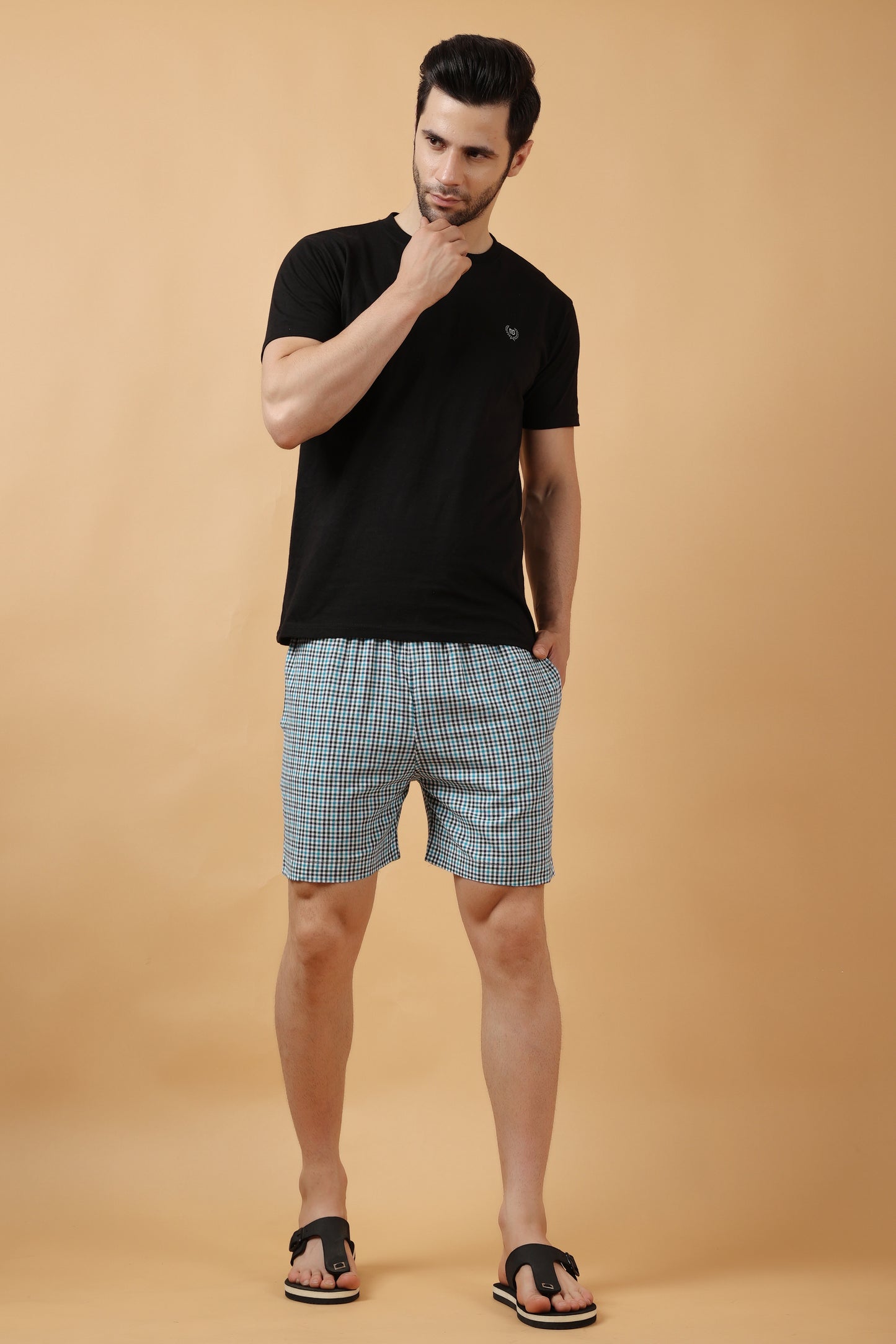Misty Blue Checked Cotton Shorts