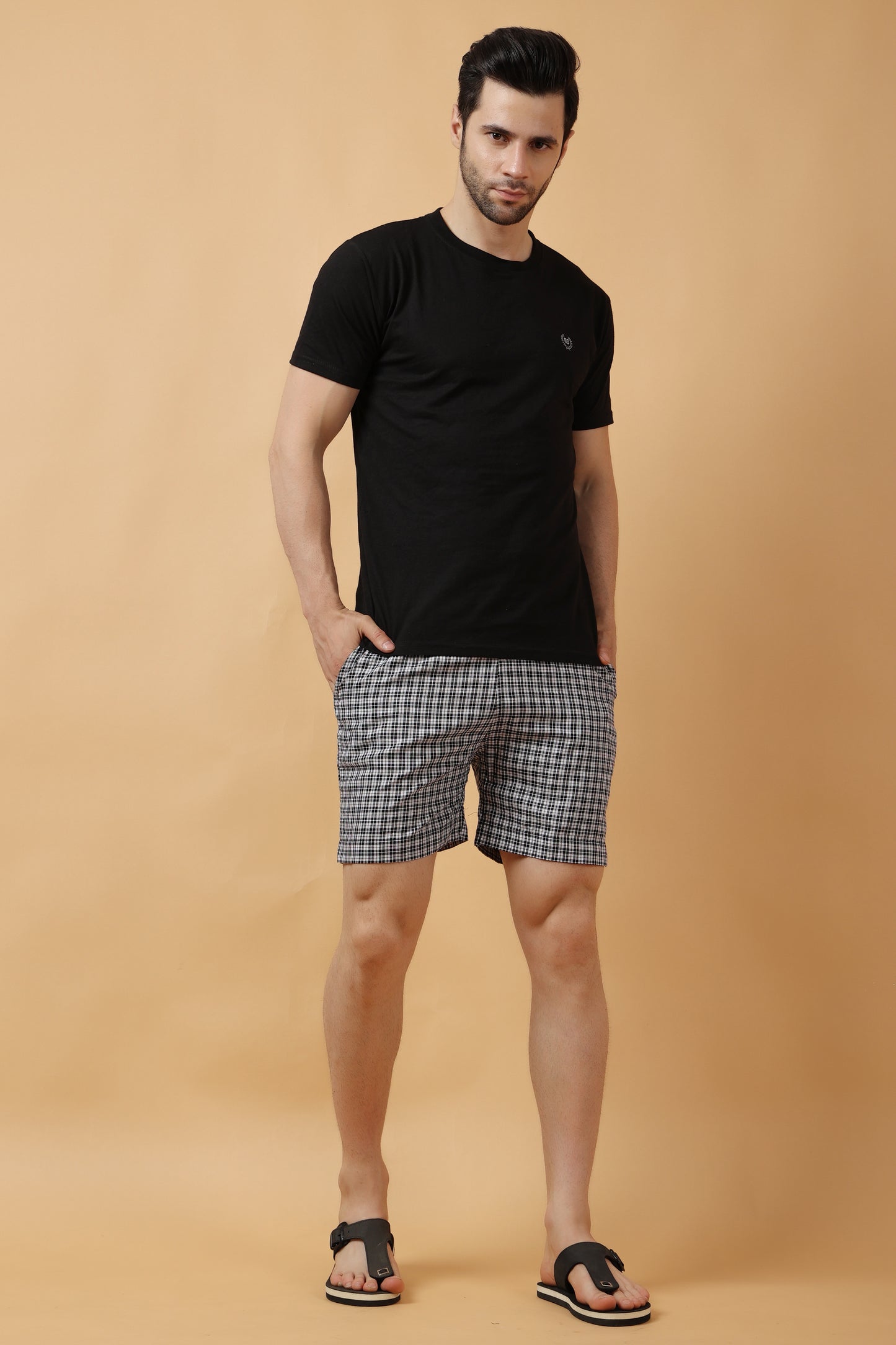 Black Grid Printed Cotton Shorts
