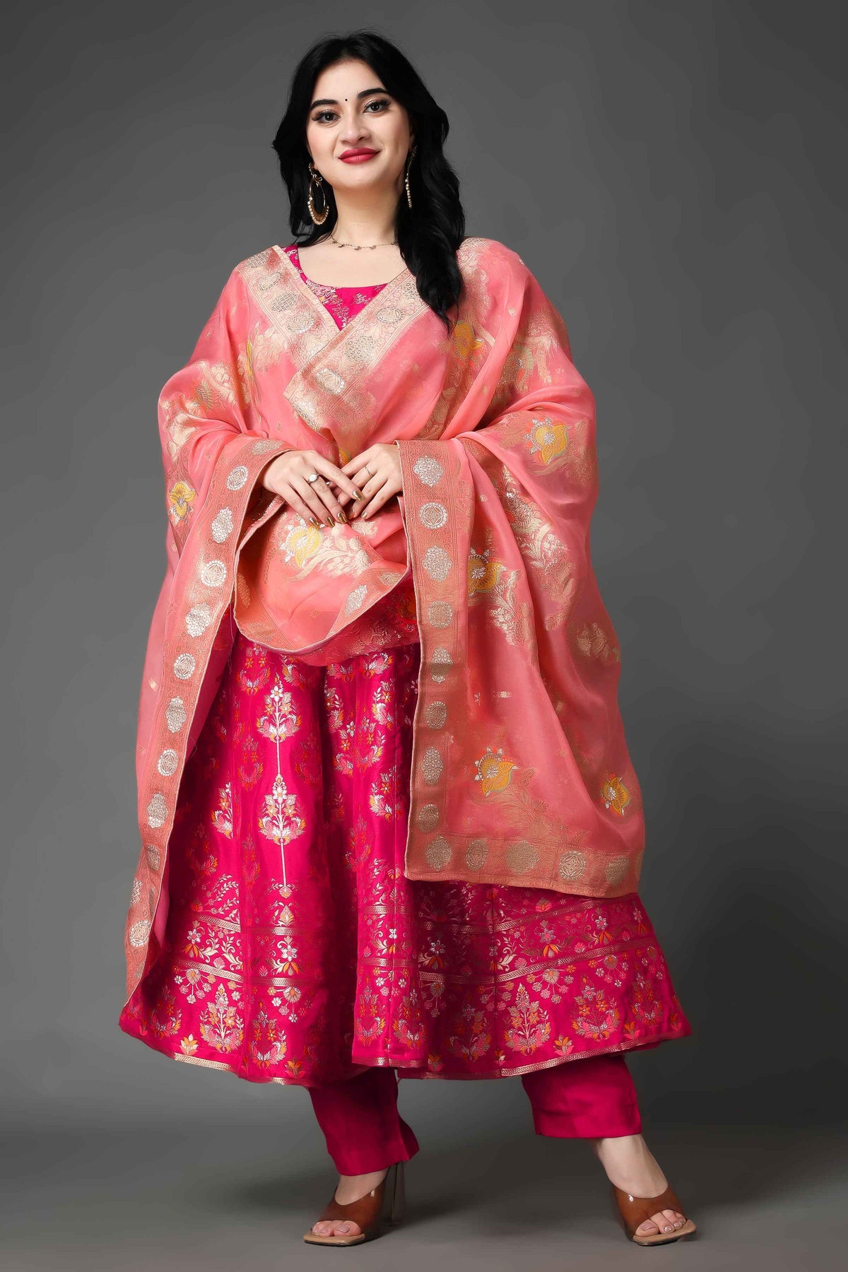 Buy Plus Size ​Nostalgic Days Tanjore Silk Anarkali Set At Apella | Sizes XS to 10 XL | India | Free Delivery | Customized