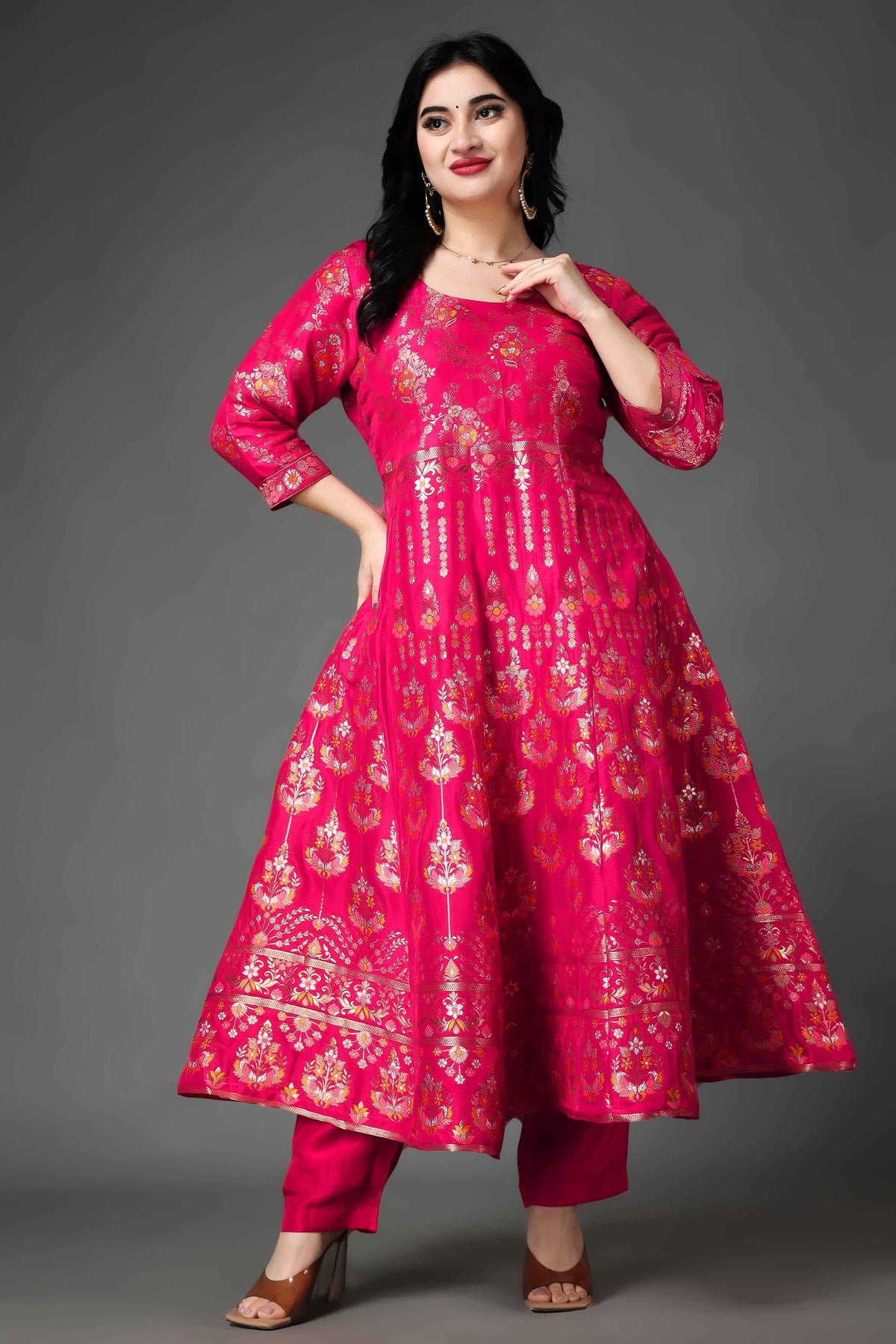 Buy Plus Size ​Nostalgic Days Tanjore Silk Anarkali Set At Apella | Sizes XS to 10 XL | India | Free Delivery | Customized
