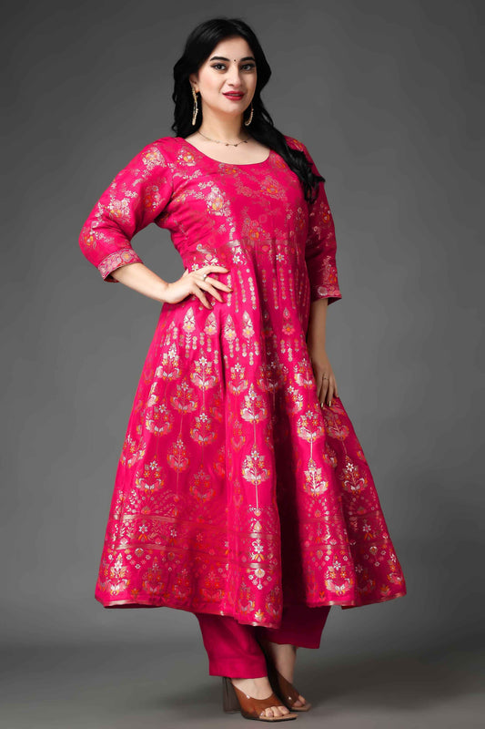 Buy Plus Size ​Nostalgic Days Tanjore Silk Anarkali Set At Apella | Sizes XS to 10 XL | India | Free Delivery | Customized