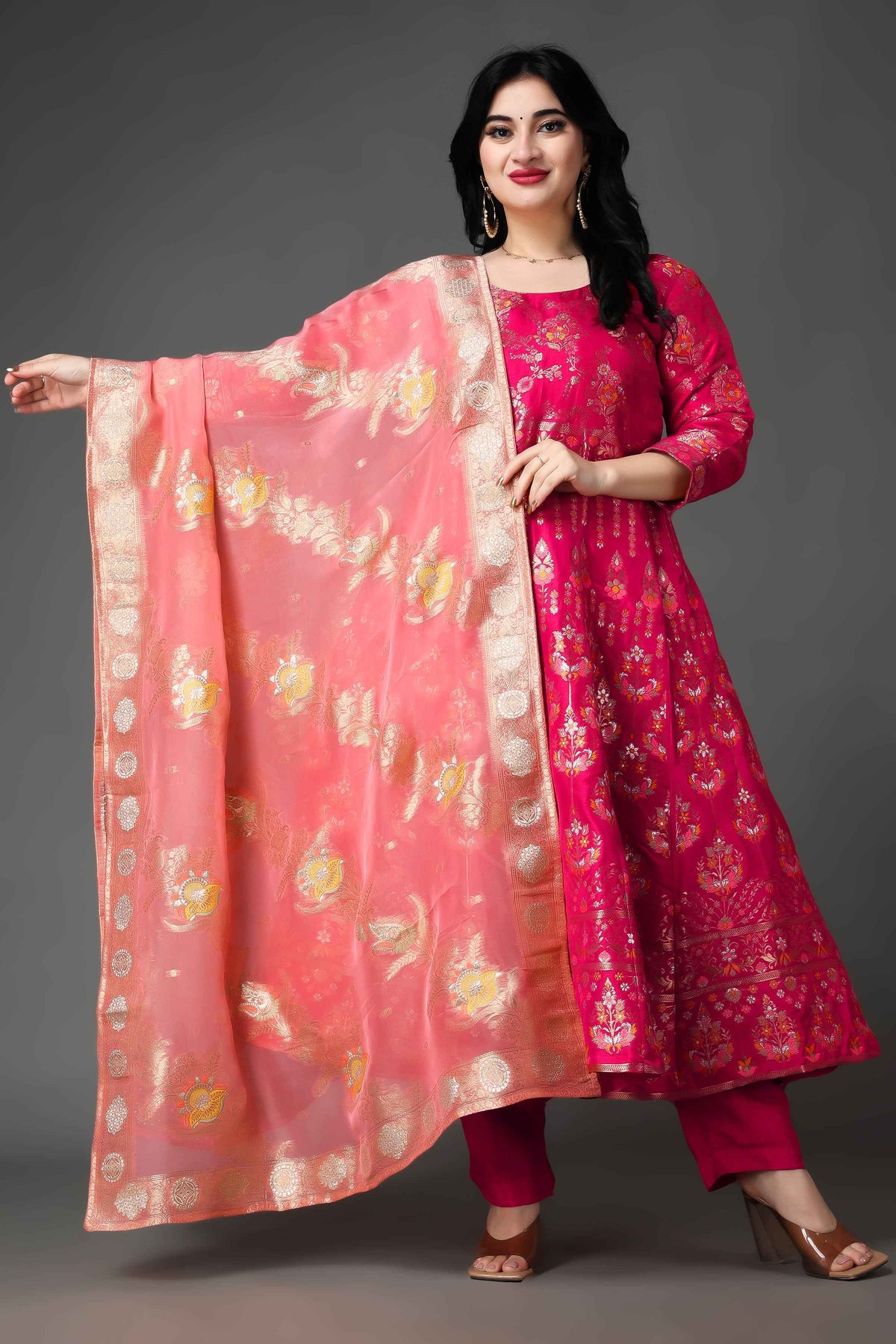Buy Plus Size ​Nostalgic Days Tanjore Silk Anarkali Set At Apella | Sizes XS to 10 XL | India | Free Delivery | Customized