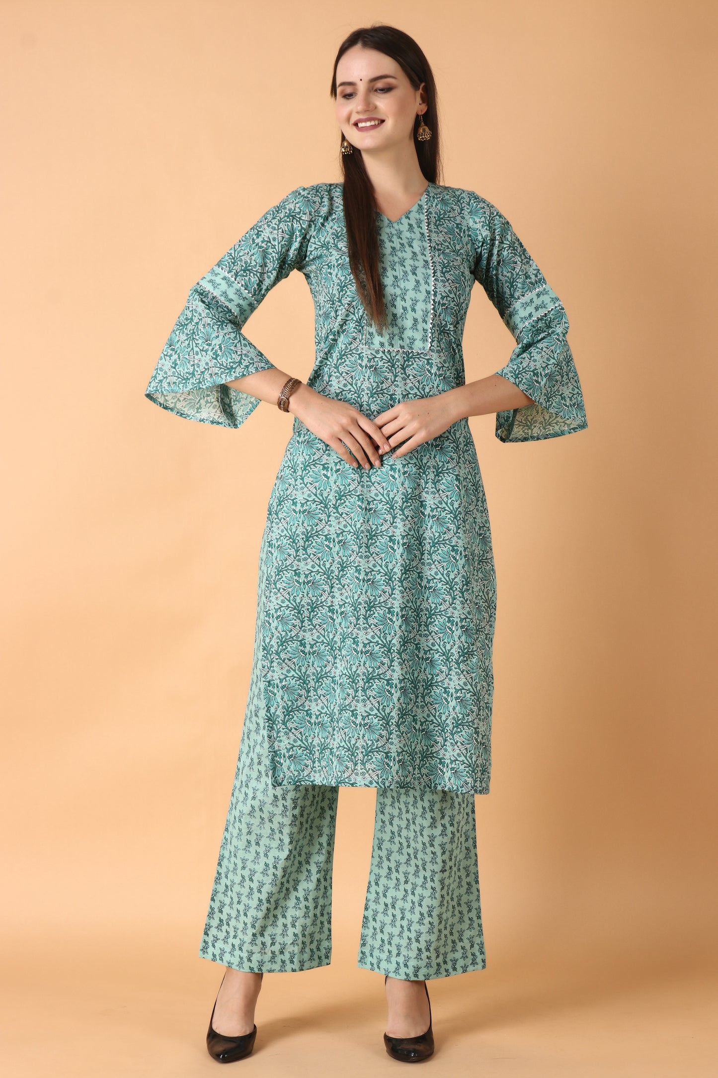 Women Plus Size Ocean Green  cotton kurti pant set | Apella