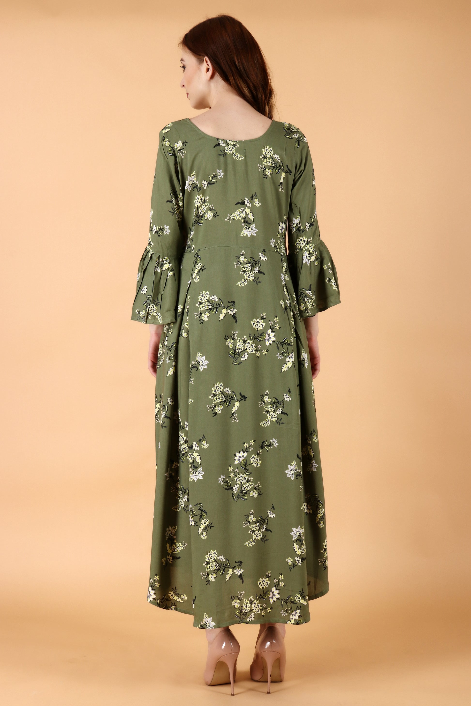 10xl, 2xl, 3xl, 4xl, 5xl, 6xl, 7xl, 8xl, 9xl, comfortable, flared, floral, frilled sleeves, olive green, peach, plus size dress, rayon, square neckline, summer wear