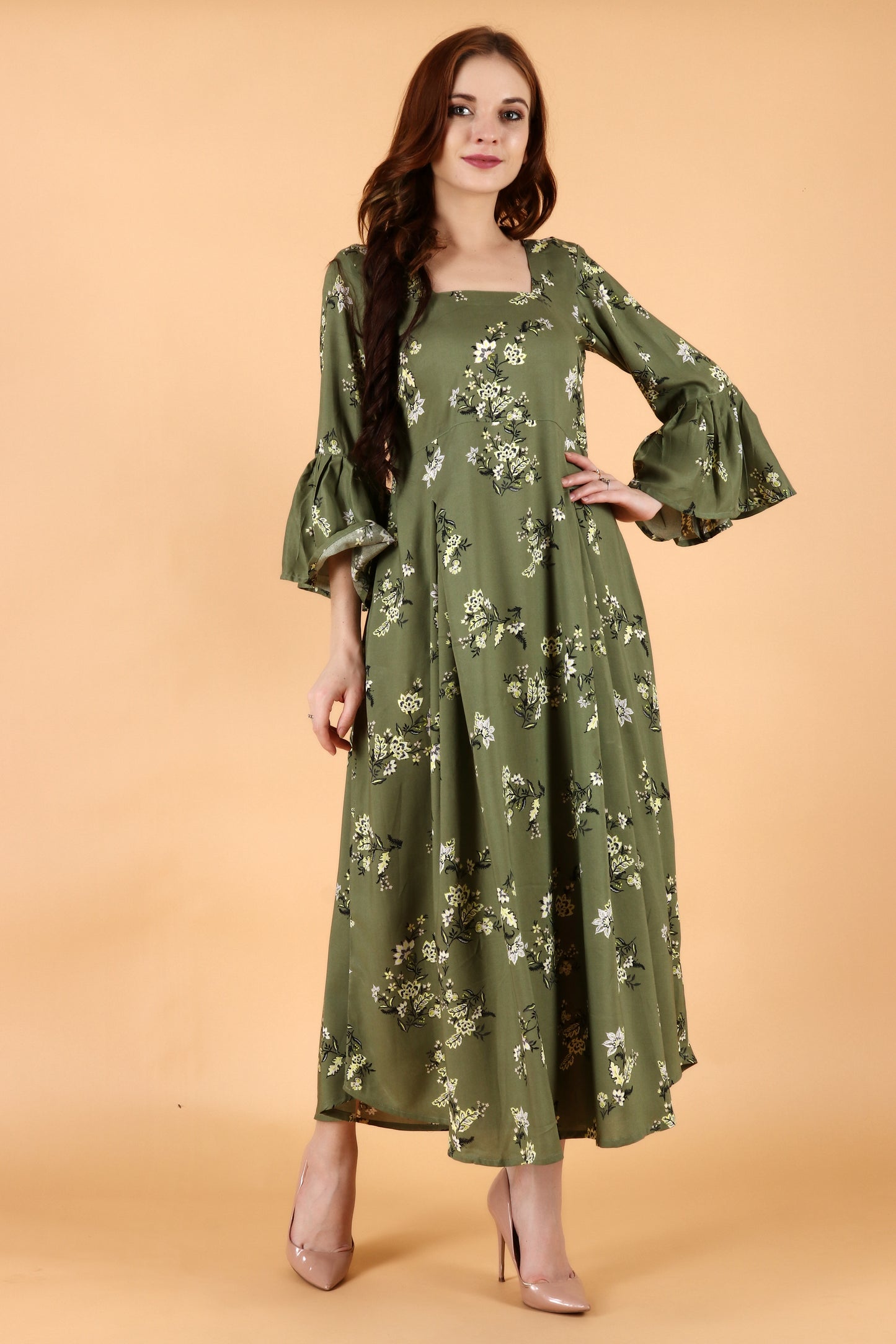 10xl, 2xl, 3xl, 4xl, 5xl, 6xl, 7xl, 8xl, 9xl, comfortable, flared, floral, frilled sleeves, olive green, peach, plus size dress, rayon, square neckline, summer wear