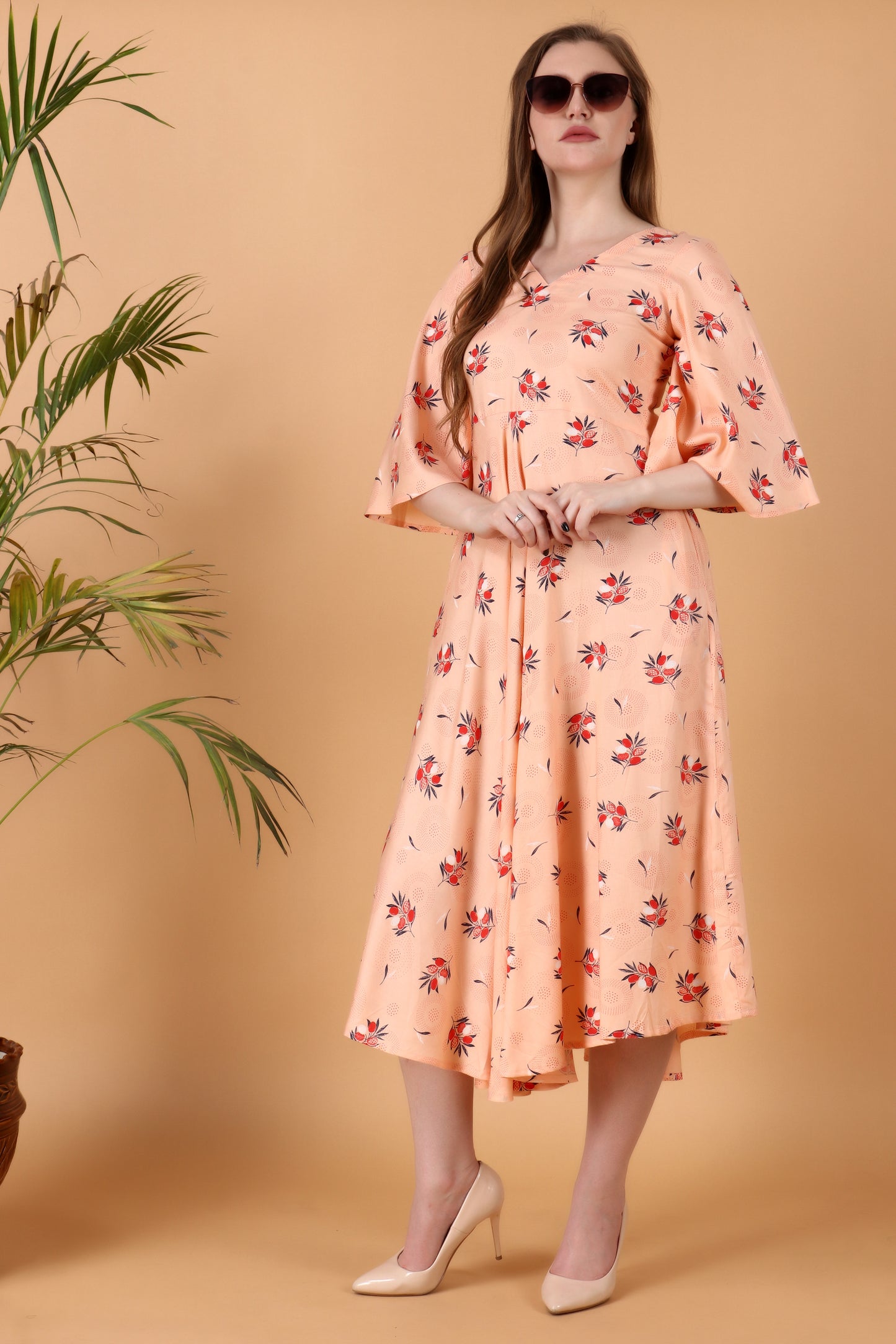 Women Plus Size Peach Painted simple dresses for girls | Apella