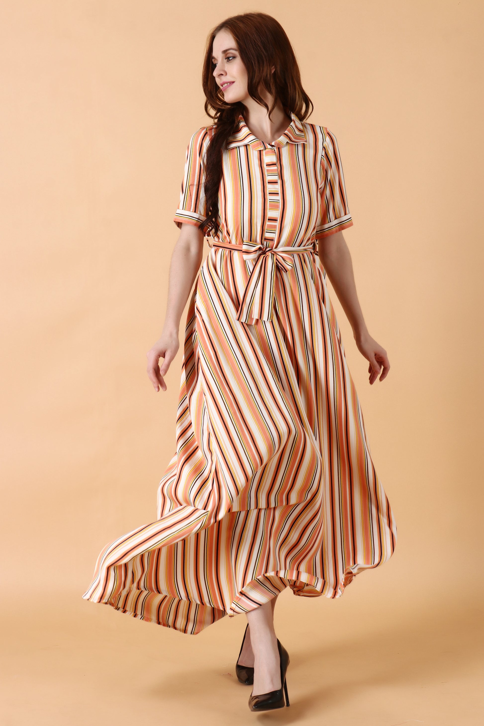 Women Plus Size Peach Striped Dress