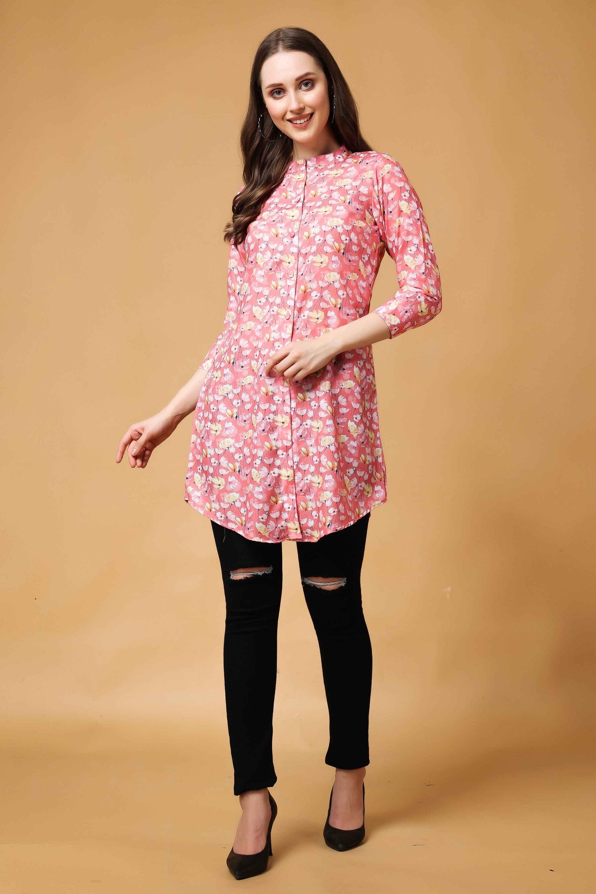 Buy Plus Size ​Pink Bouquet Modal Short Kurta At Apella | Sizes XS to 10 XL | India | Free Delivery | Customized