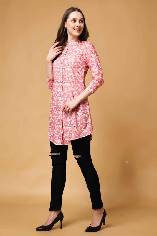 Buy Plus Size ​Pink Bouquet Modal Short Kurta At Apella | Sizes XS to 10 XL | India | Free Delivery | Customized
