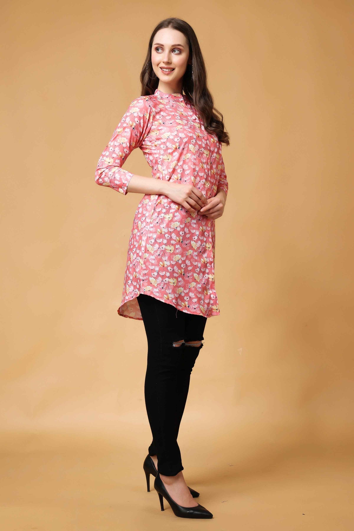 Buy Plus Size ​Pink Bouquet Modal Short Kurta At Apella | Sizes XS to 10 XL | India | Free Delivery | Customized