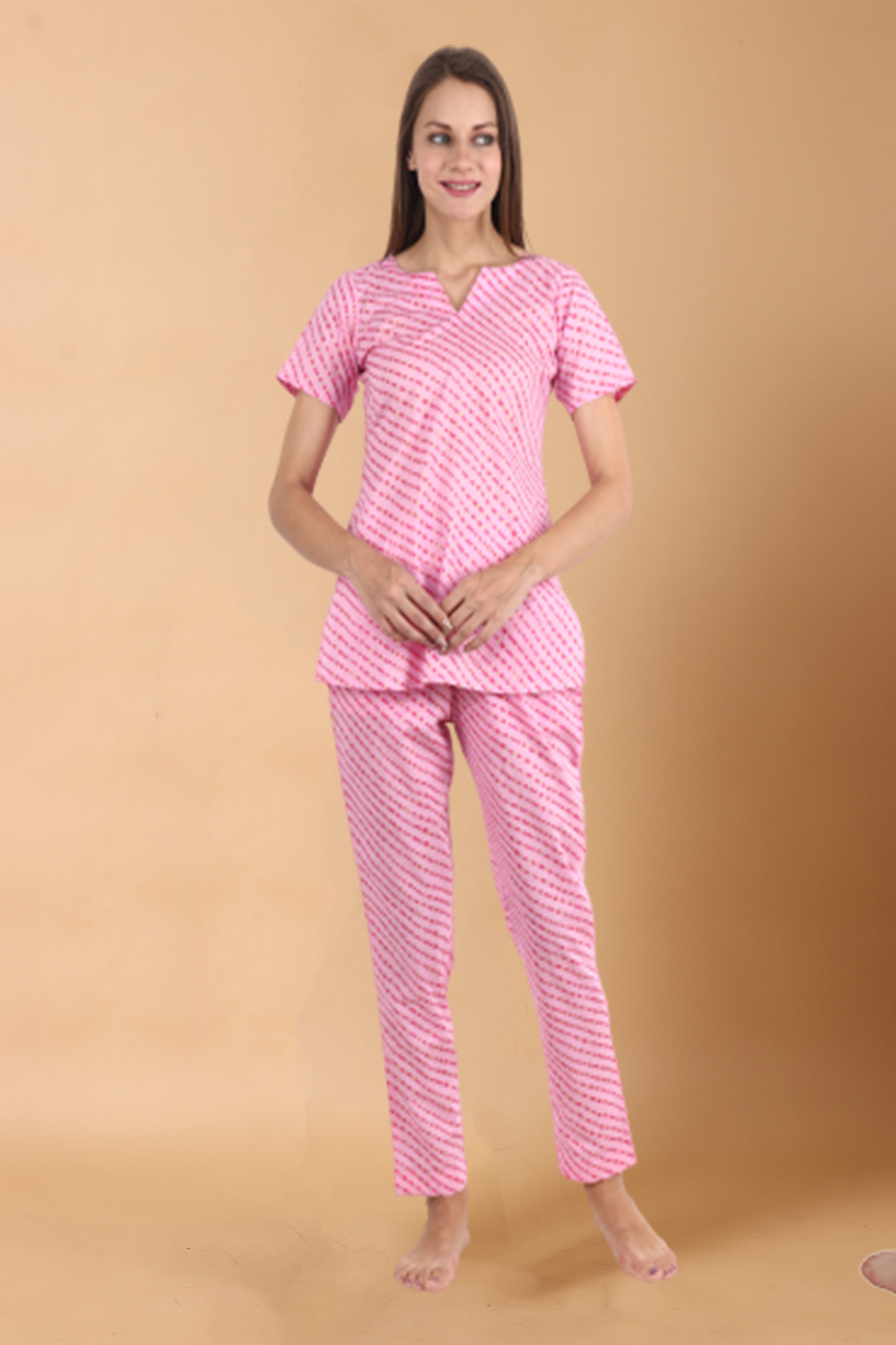 Women Plus Size Pink  Gold Printed Cotton Striped Night Suit | Apella