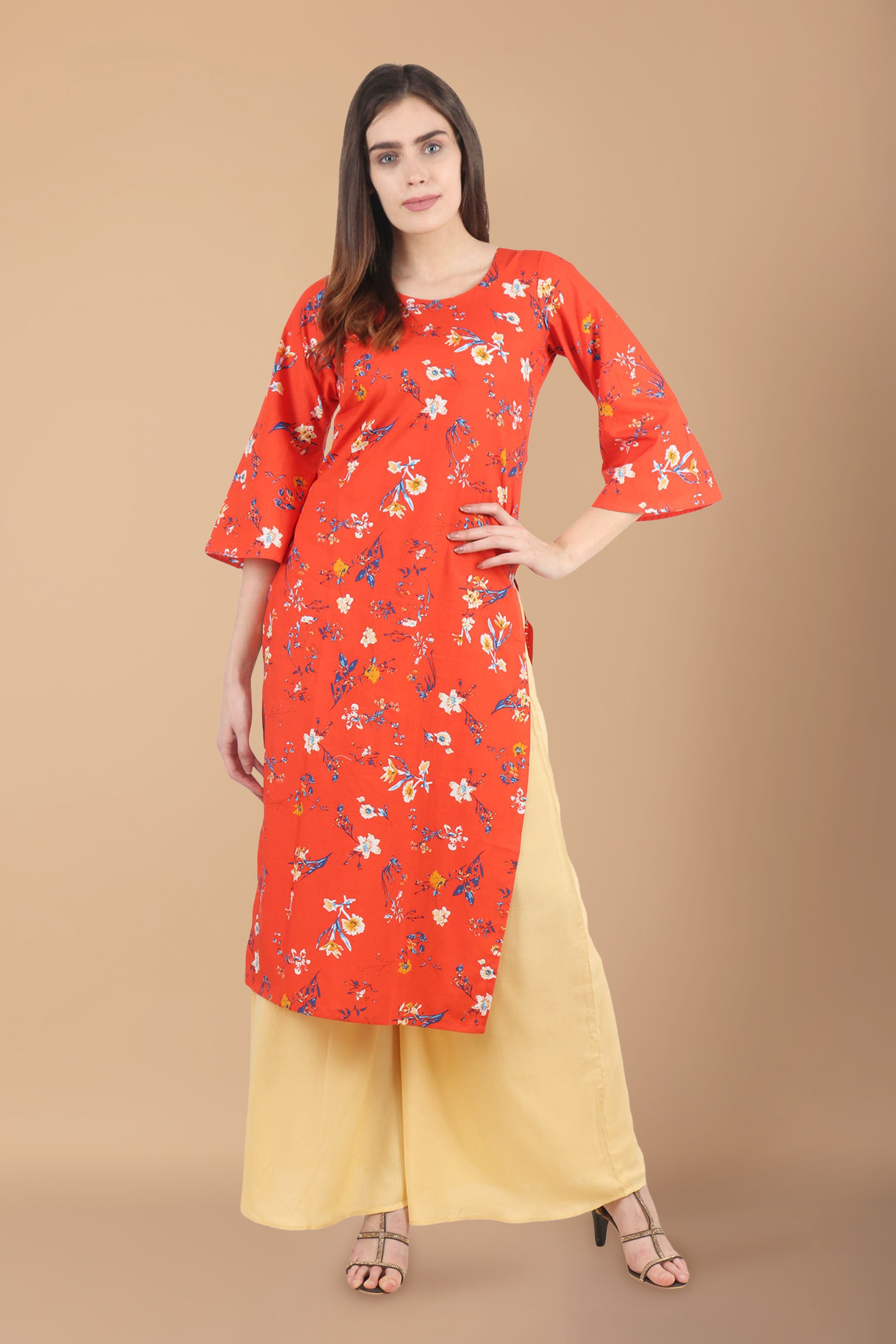 Women Plus Size  Orange cotton kurti pant set | Apella