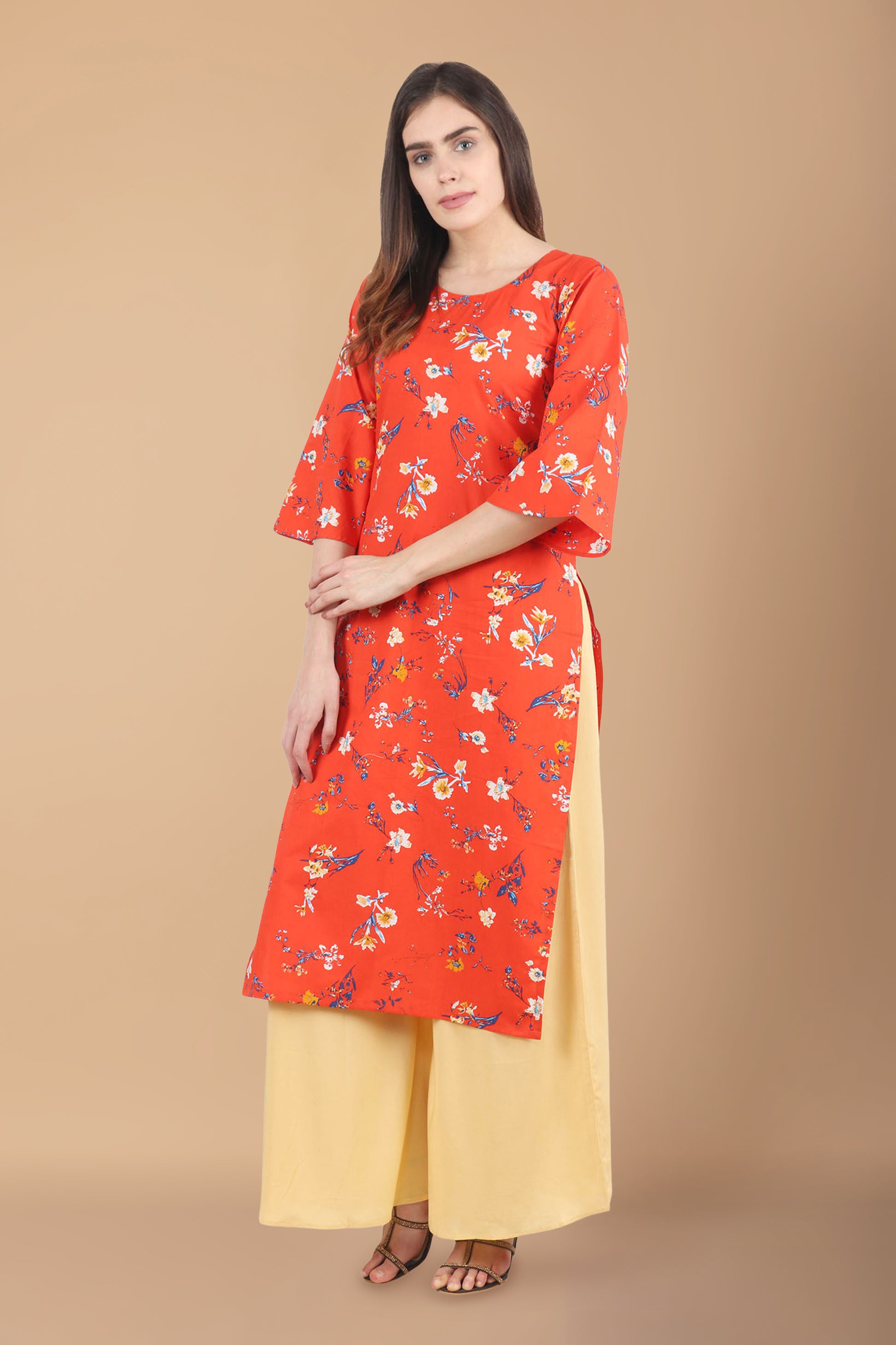 Women Plus Size Orange cotton kurti pant set | Apella