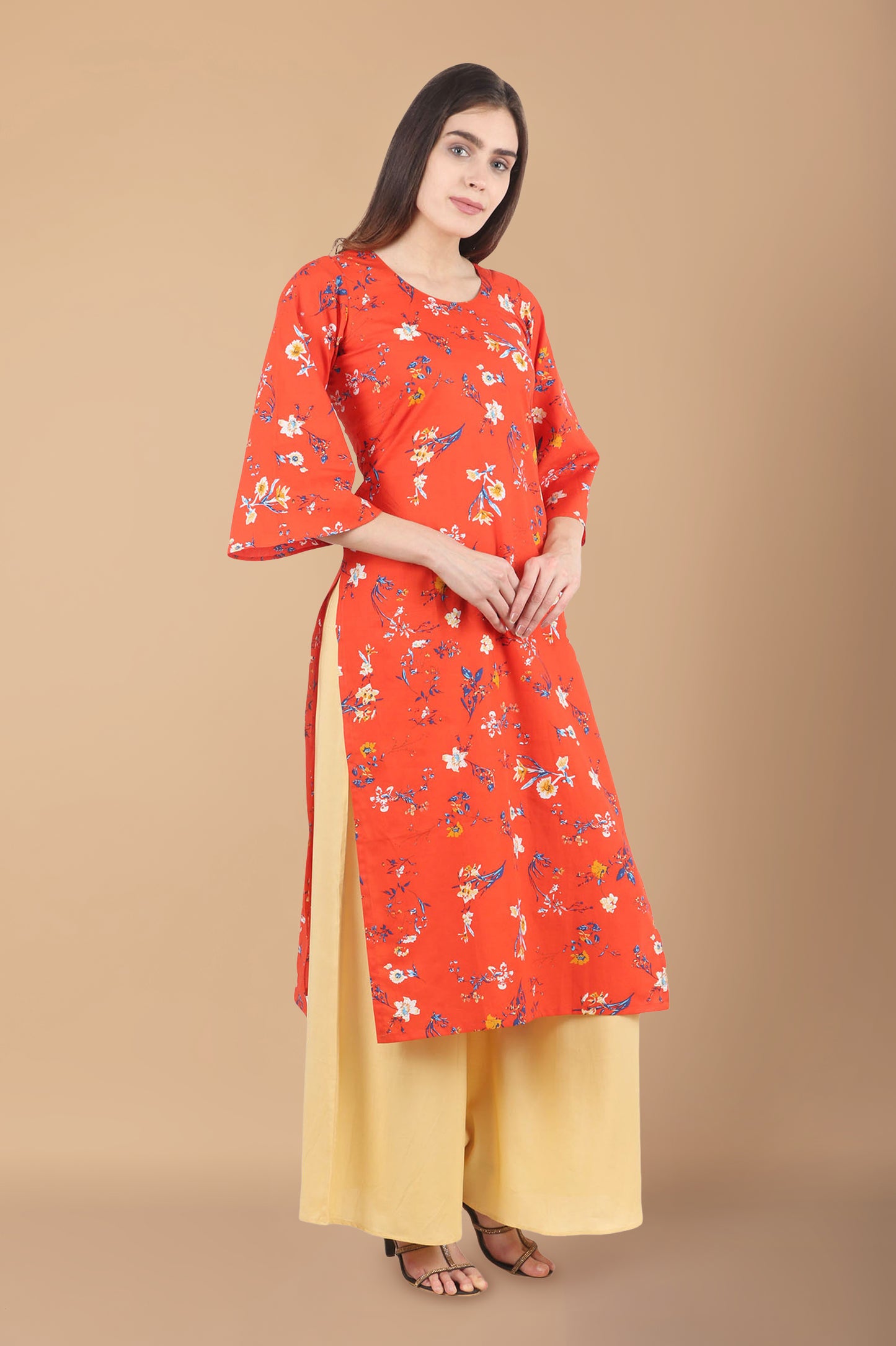 Women Plus Size Orange cotton kurti pant set | Apella