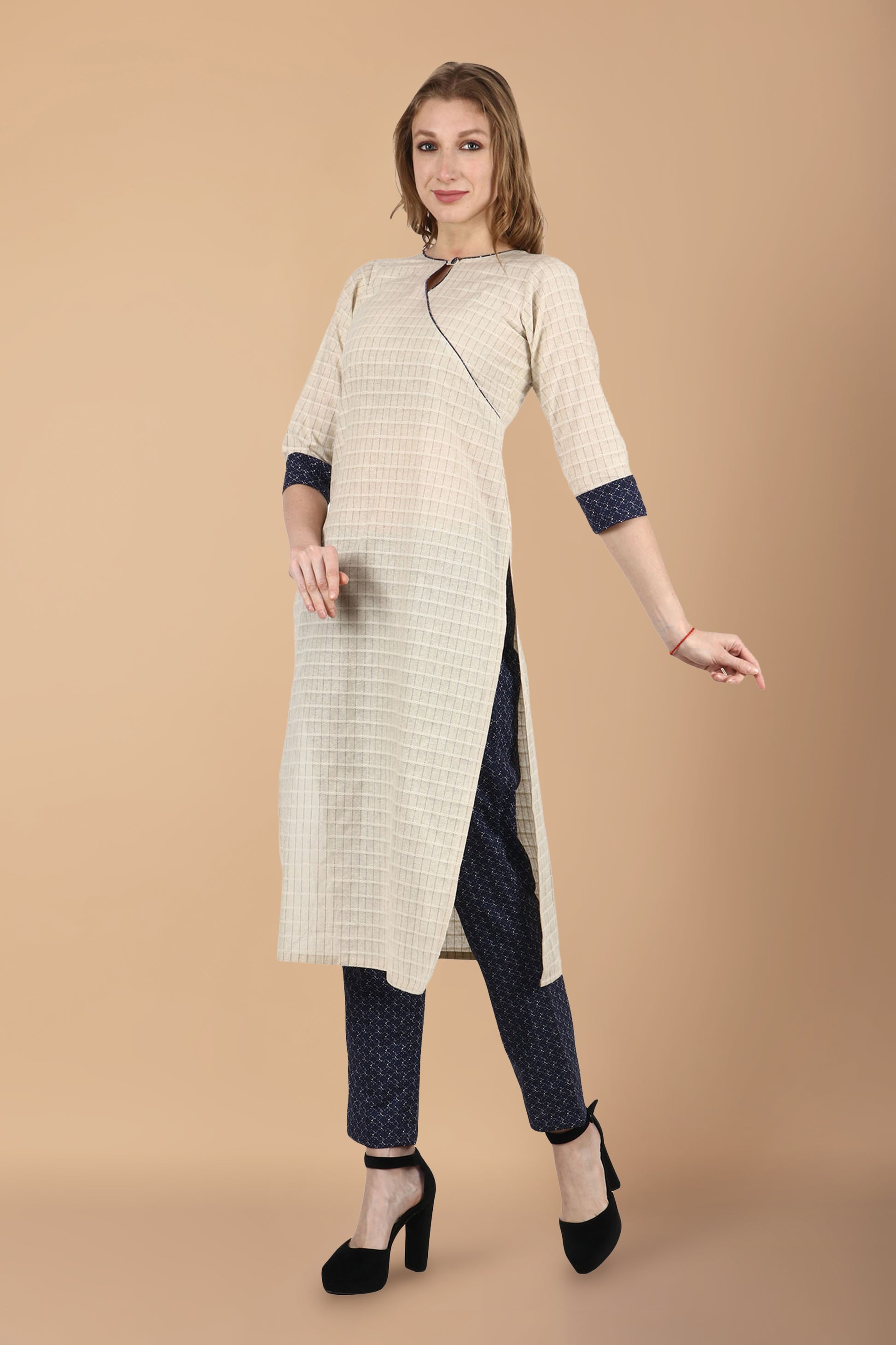 Women Plus Size Cream cotton kurti with palazzo set | Apella