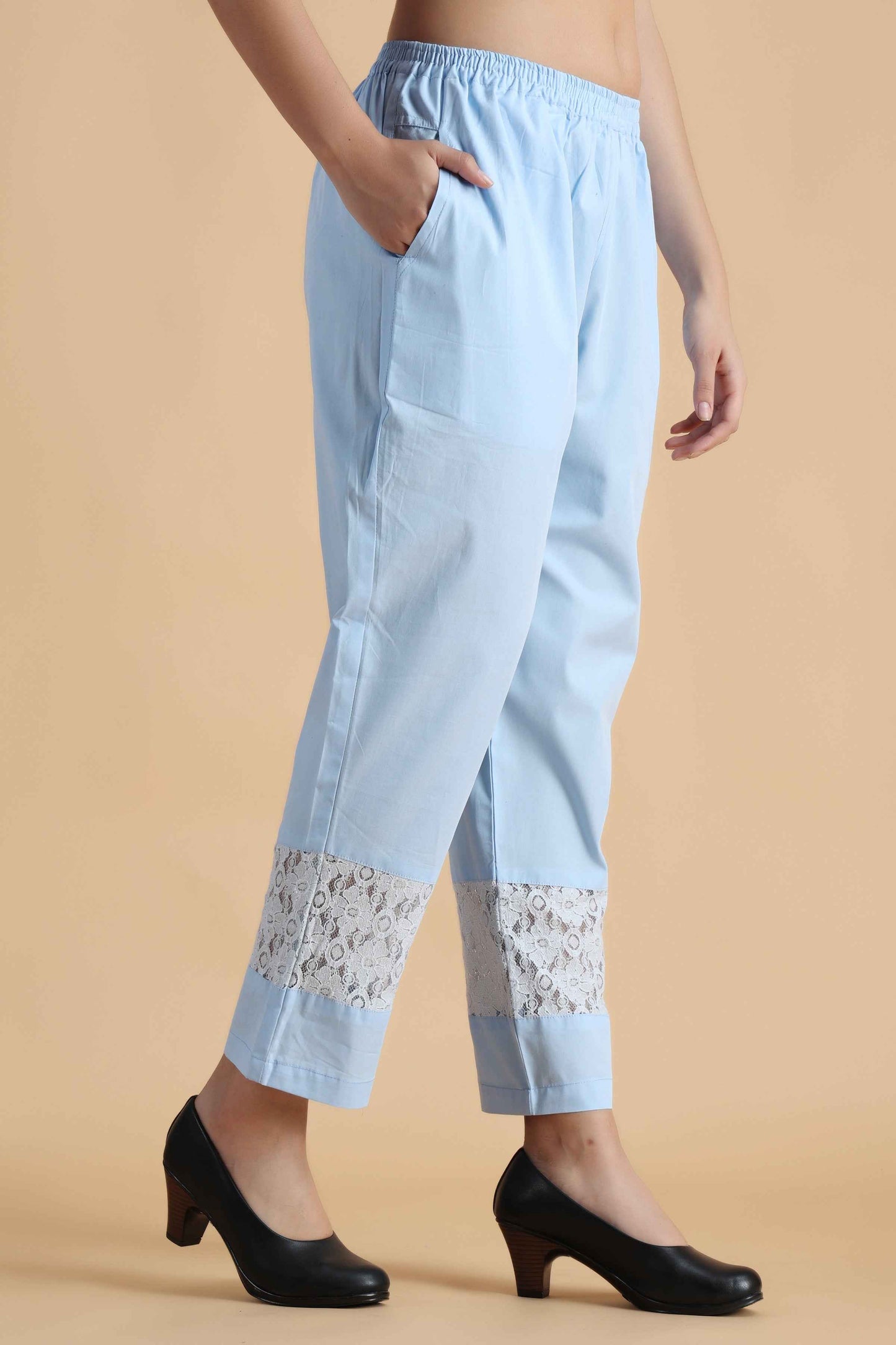 Buy Plus Size ​Ice Blue Detailed Cotton Palazzo At Apella | Sizes XS to 10 XL | India | Free Delivery | Customized