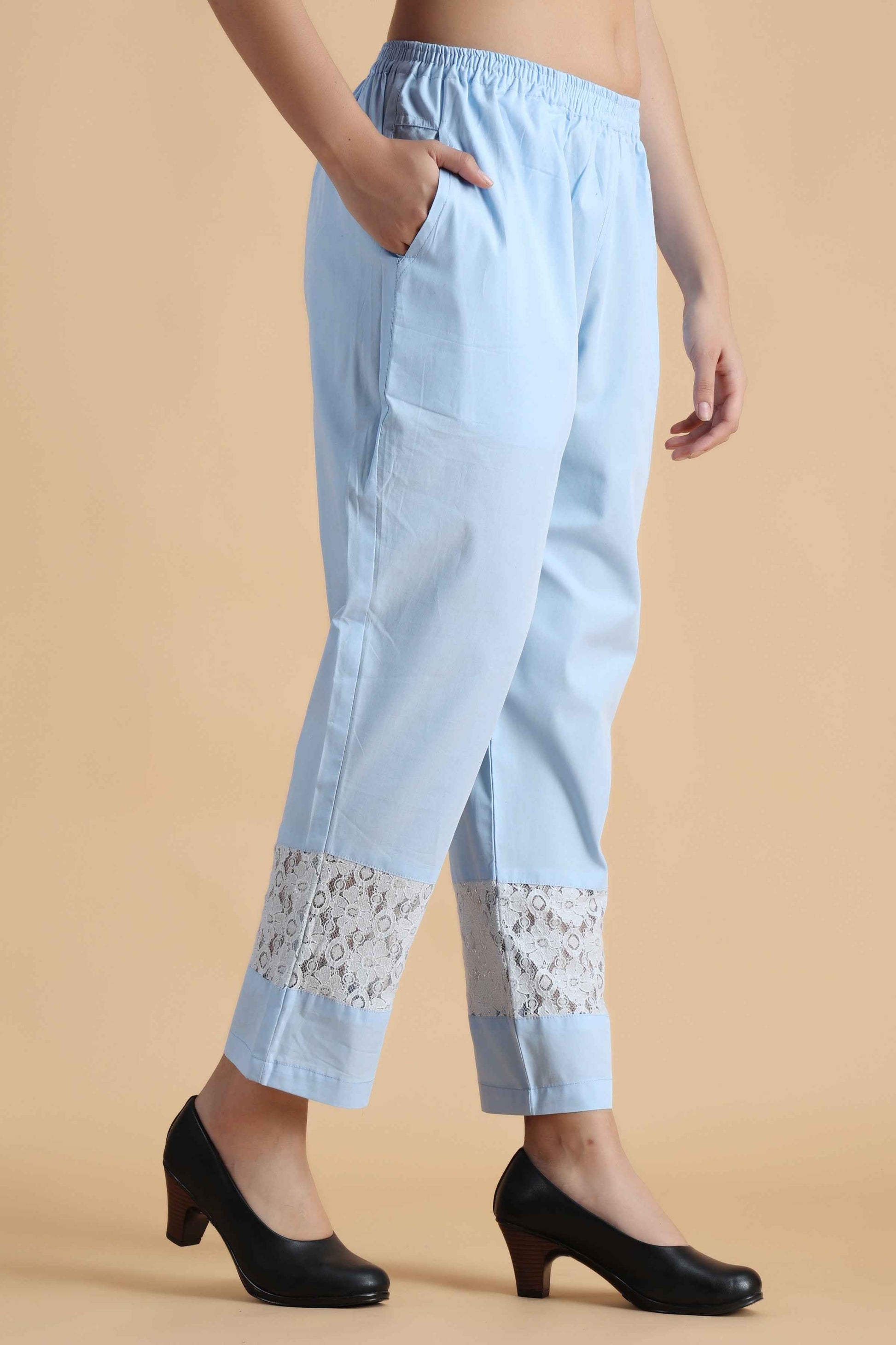 Buy Plus Size ​Ice Blue Detailed Cotton Palazzo At Apella | Sizes XS to 10 XL | India | Free Delivery | Customized
