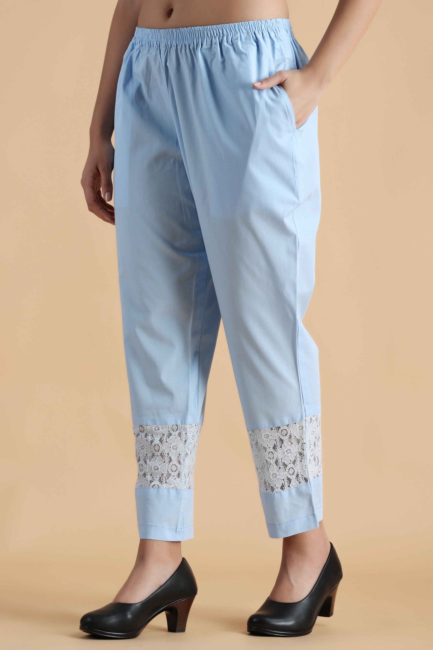 Buy Plus Size ​Ice Blue Detailed Cotton Palazzo At Apella | Sizes XS to 10 XL | India | Free Delivery | Customized