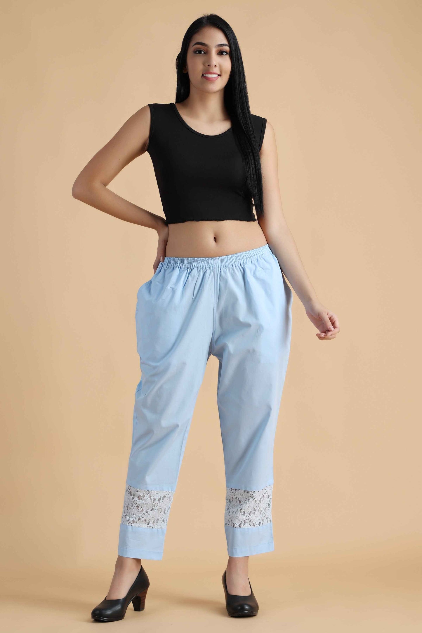 Buy Plus Size ​Ice Blue Detailed Cotton Palazzo At Apella | Sizes XS to 10 XL | India | Free Delivery | Customized