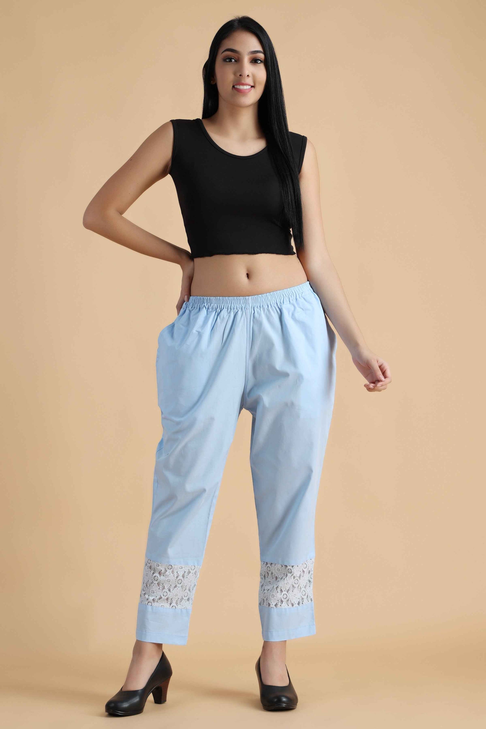 Buy Plus Size ​Ice Blue Detailed Cotton Palazzo At Apella | Sizes XS to 10 XL | India | Free Delivery | Customized