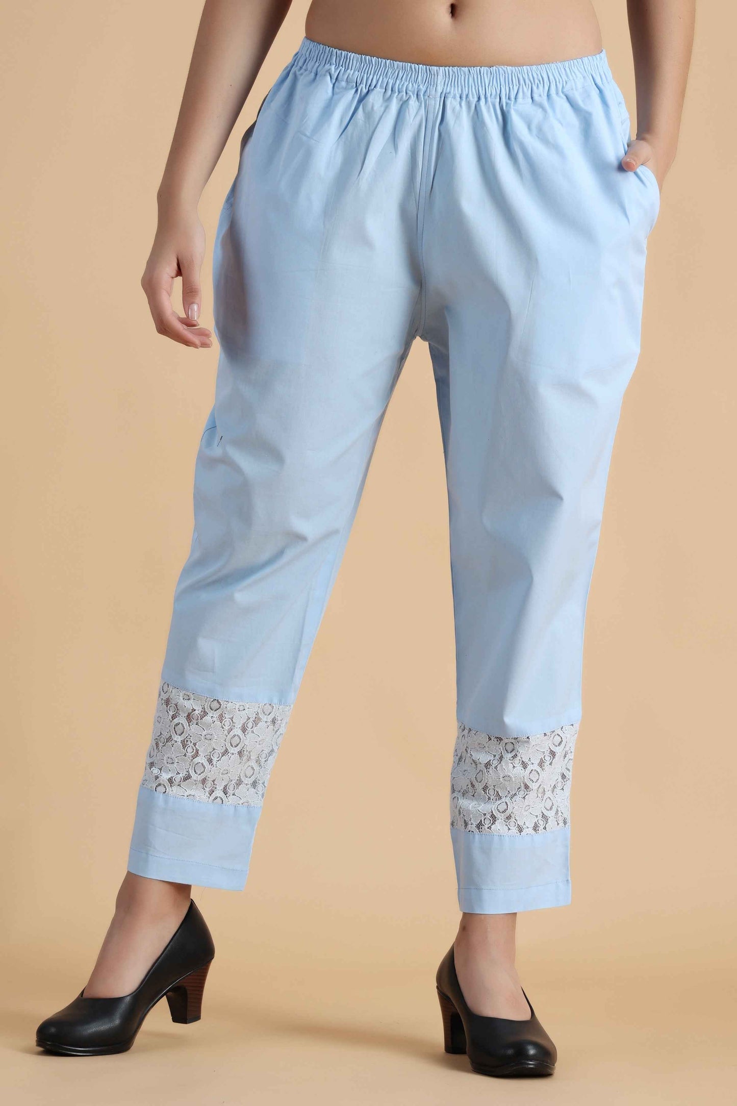 Buy Plus Size ​Ice Blue Detailed Cotton Palazzo At Apella | Sizes XS to 10 XL | India | Free Delivery | Customized