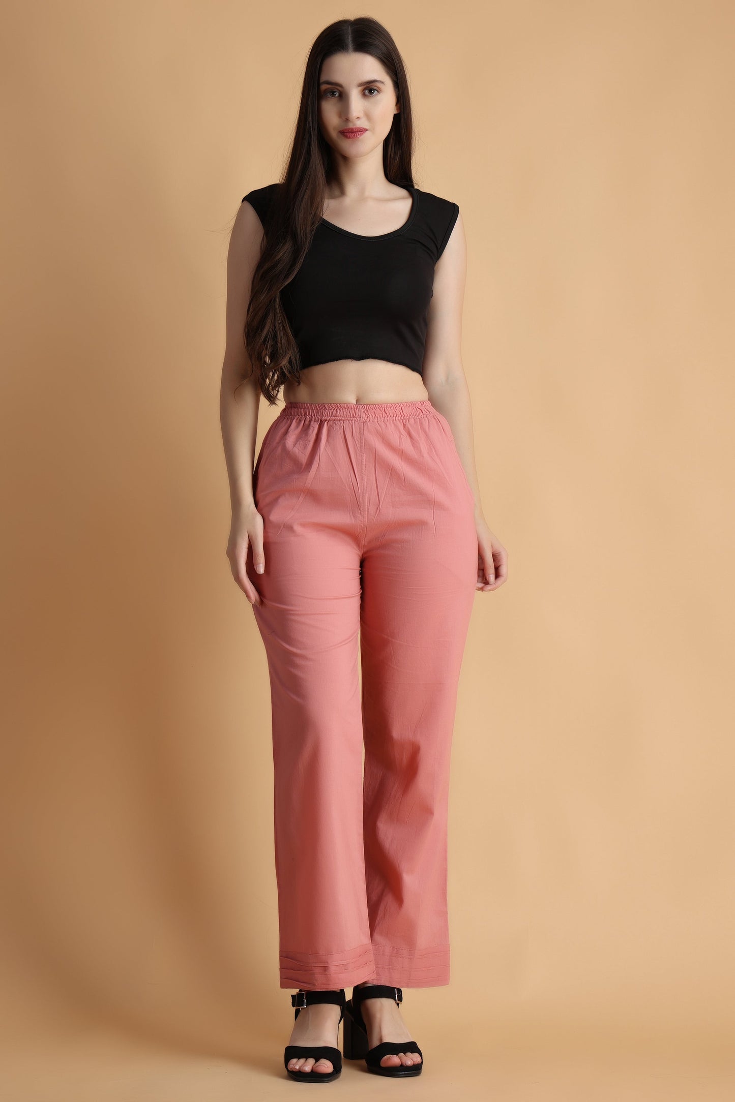 Women Plus Size Pink Pintucked Cotton Palazzo | Apella