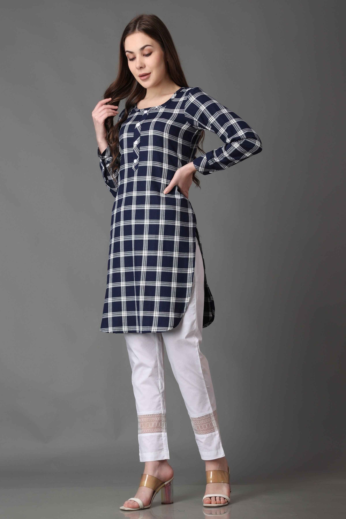 Buy Plus Size ​Twilight Blue Checked Short Kurta At Apella | Sizes XS to 10 XL | India | Free Delivery | Customized