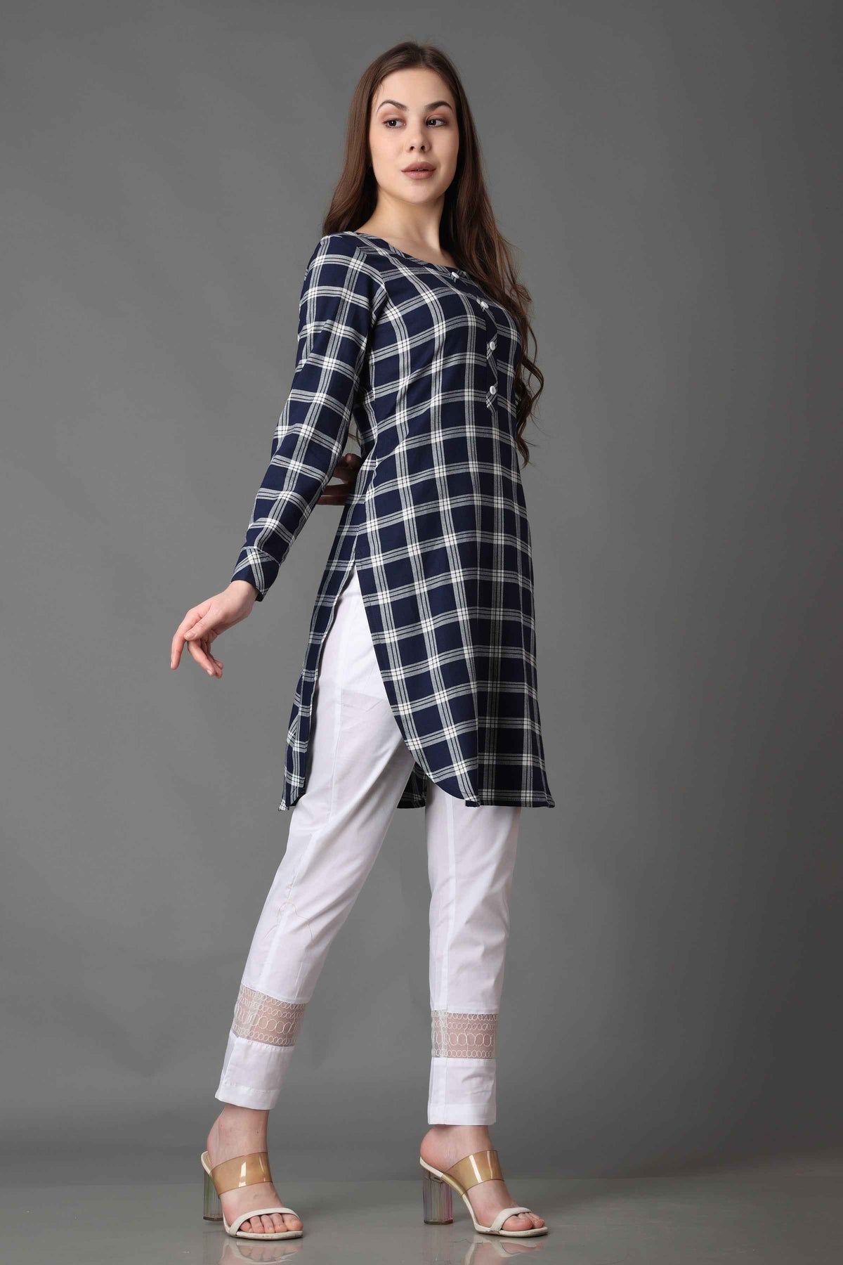 Buy Plus Size ​Twilight Blue Checked Short Kurta At Apella | Sizes XS to 10 XL | India | Free Delivery | Customized