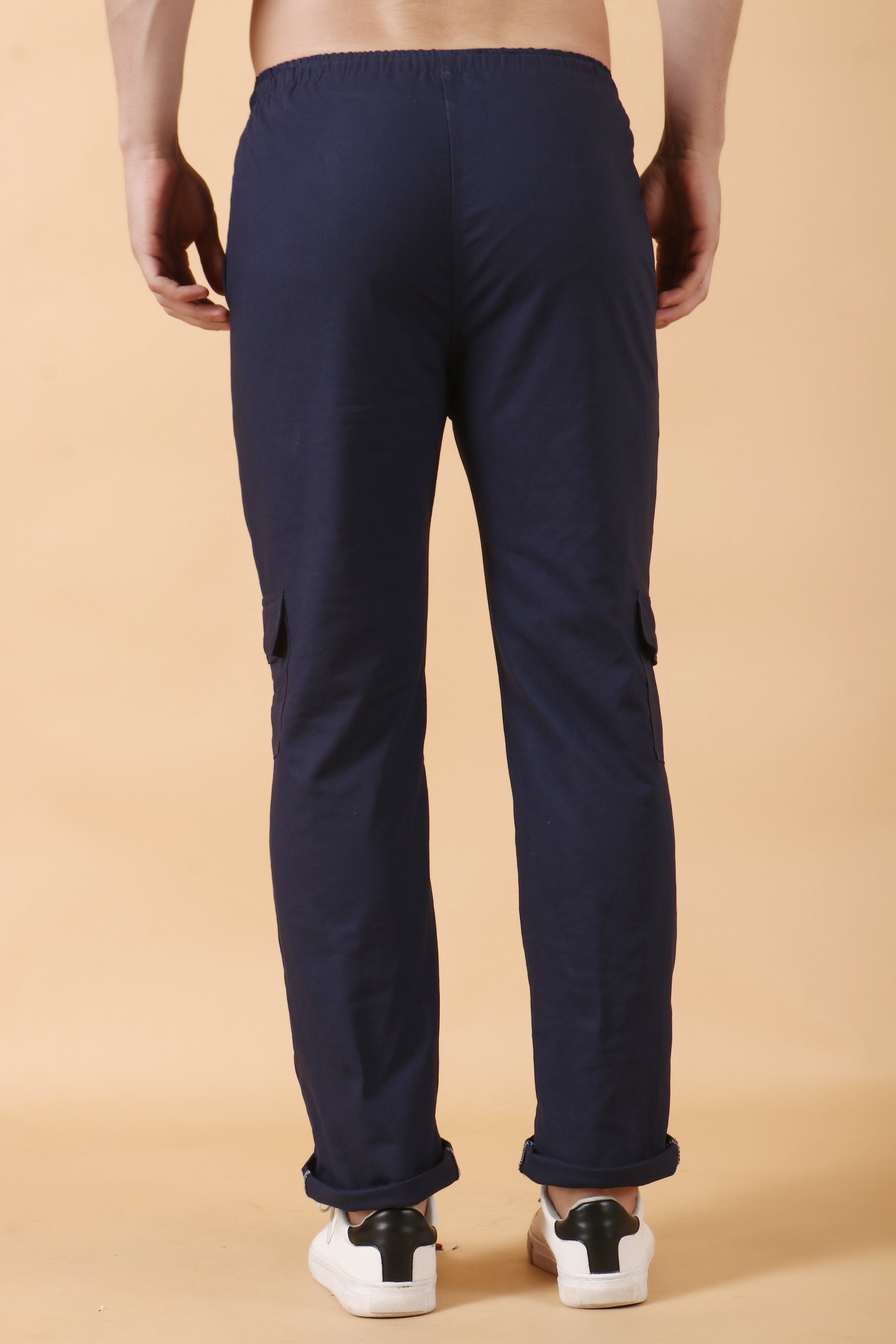 Men Navy Blue Solid MidRise Woven Pure Cotten Cargo Trousers