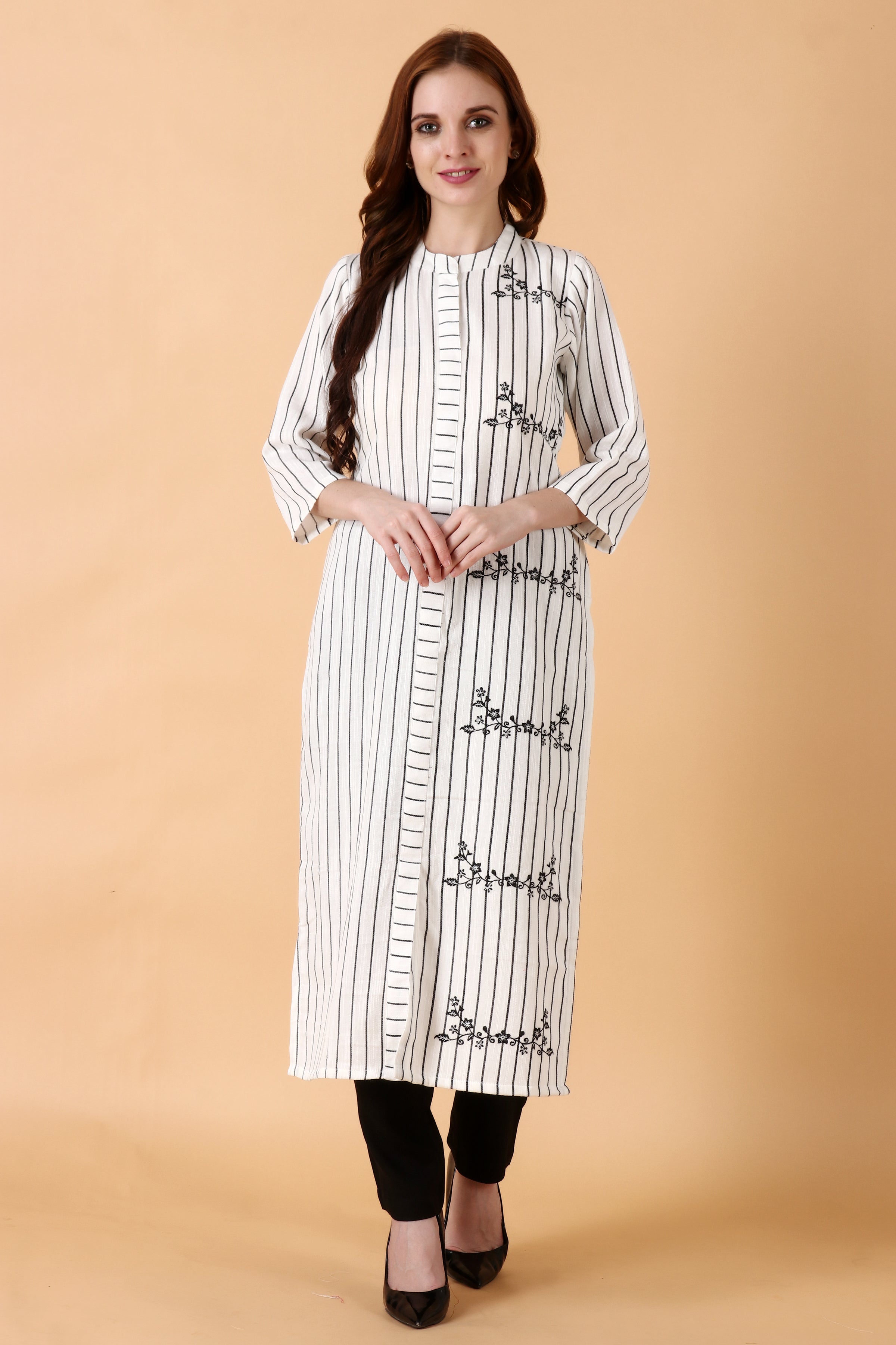 Black vertical stripe designs printed  front button cotton kurti with  brown belt