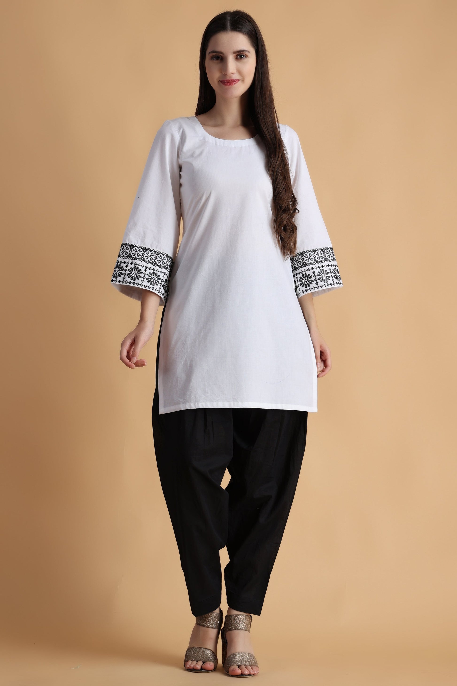 Women's Plus Size white cotton kurti pant set  | Apella