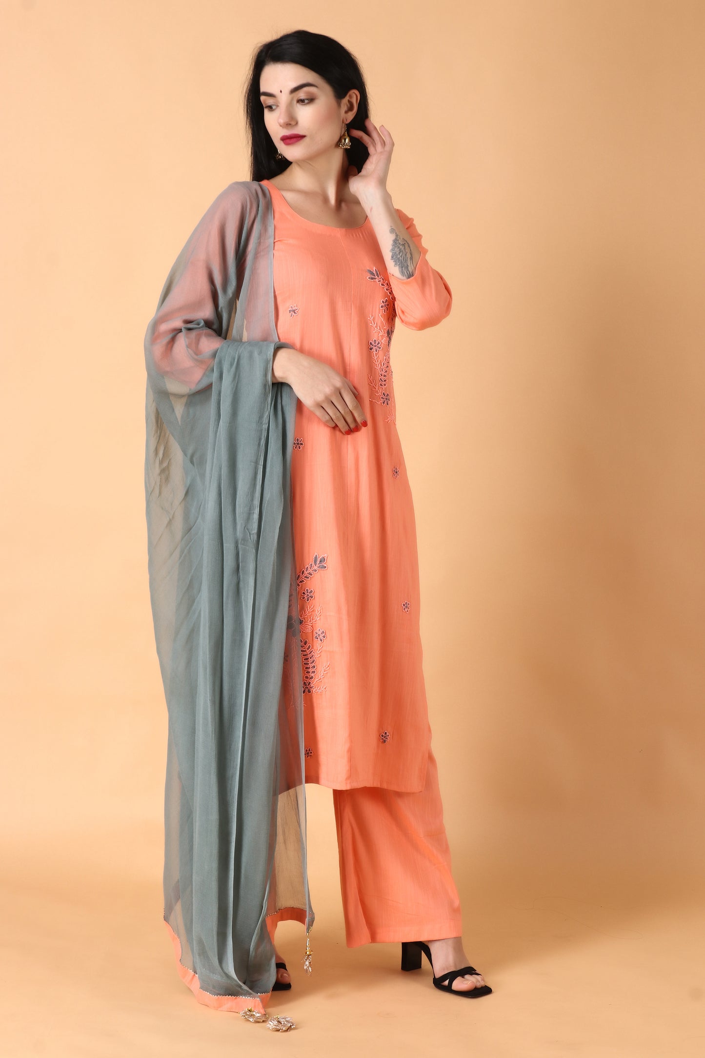 Women Plus Size Peach rayon kurti palazzo set with Dupatta | Apella