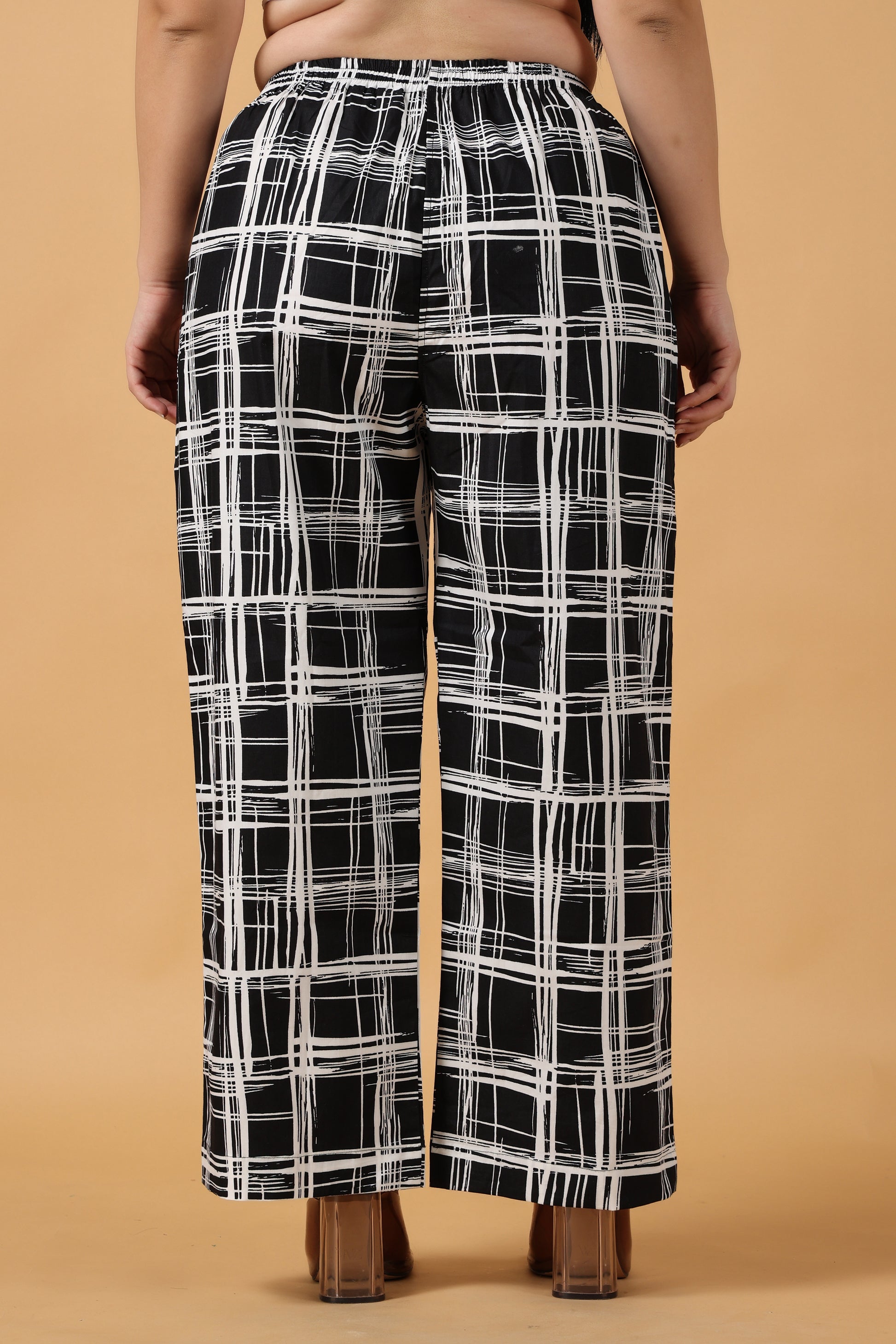 Women Plus Size Black Checked cotton palazzo pants | Apella