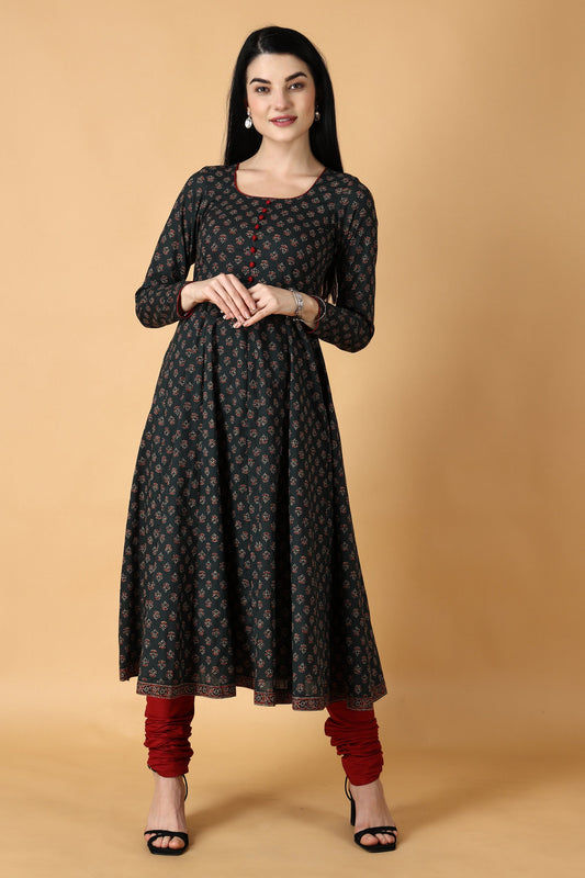 Women's Plus Size  Green Cotton Anarkali Kurta | Apella