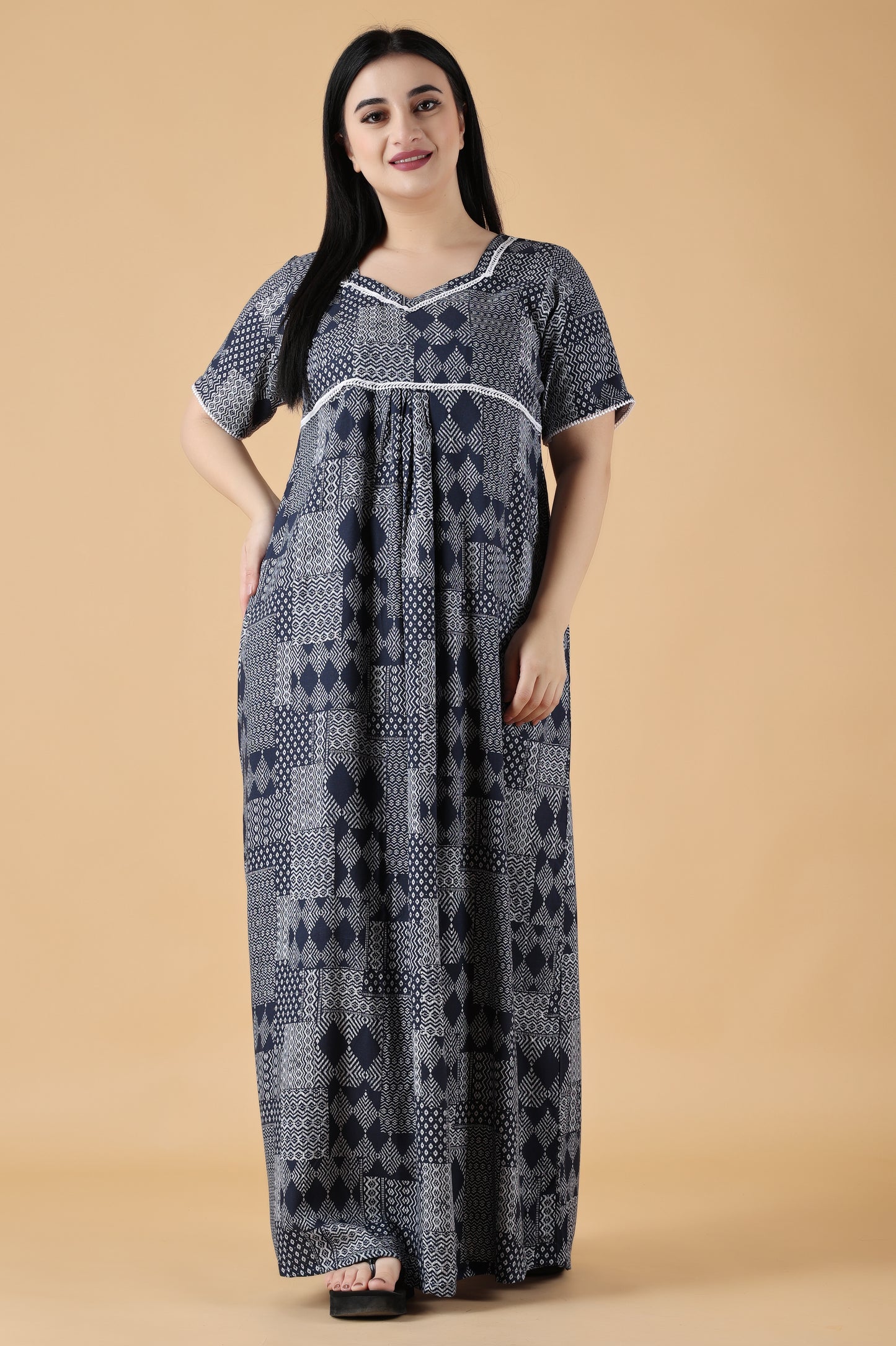 Navy Printed Rayon Night Gown
