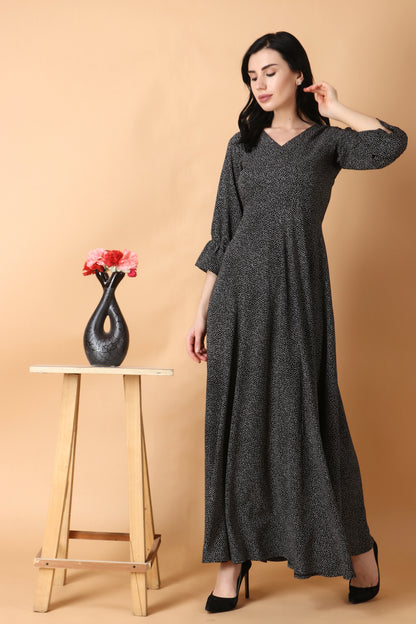 all sizes, black, flared, maxi dress, plus size, plus size dress, polka print, rayon, V-neck