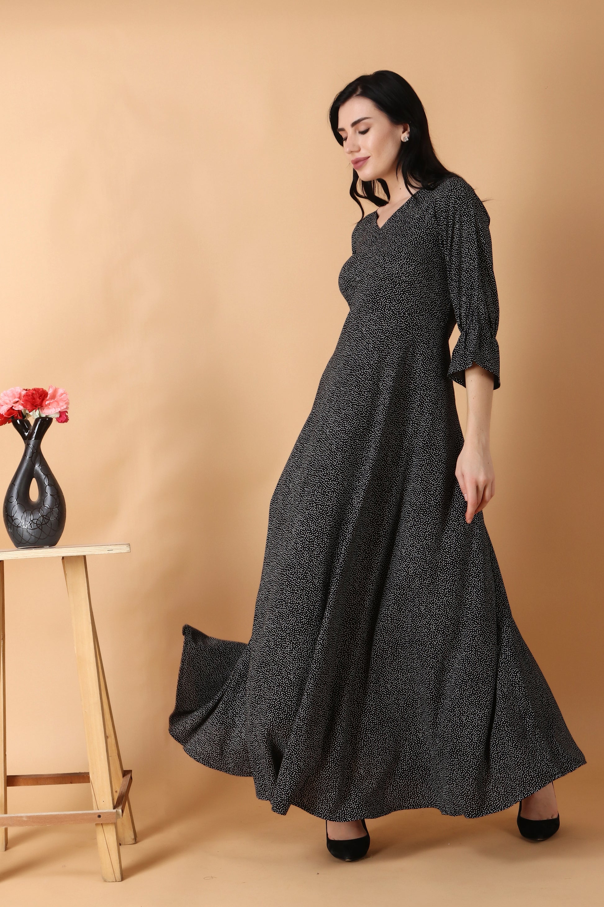 all sizes, black, flared, maxi dress, plus size, plus size dress, polka print, rayon, V-neck