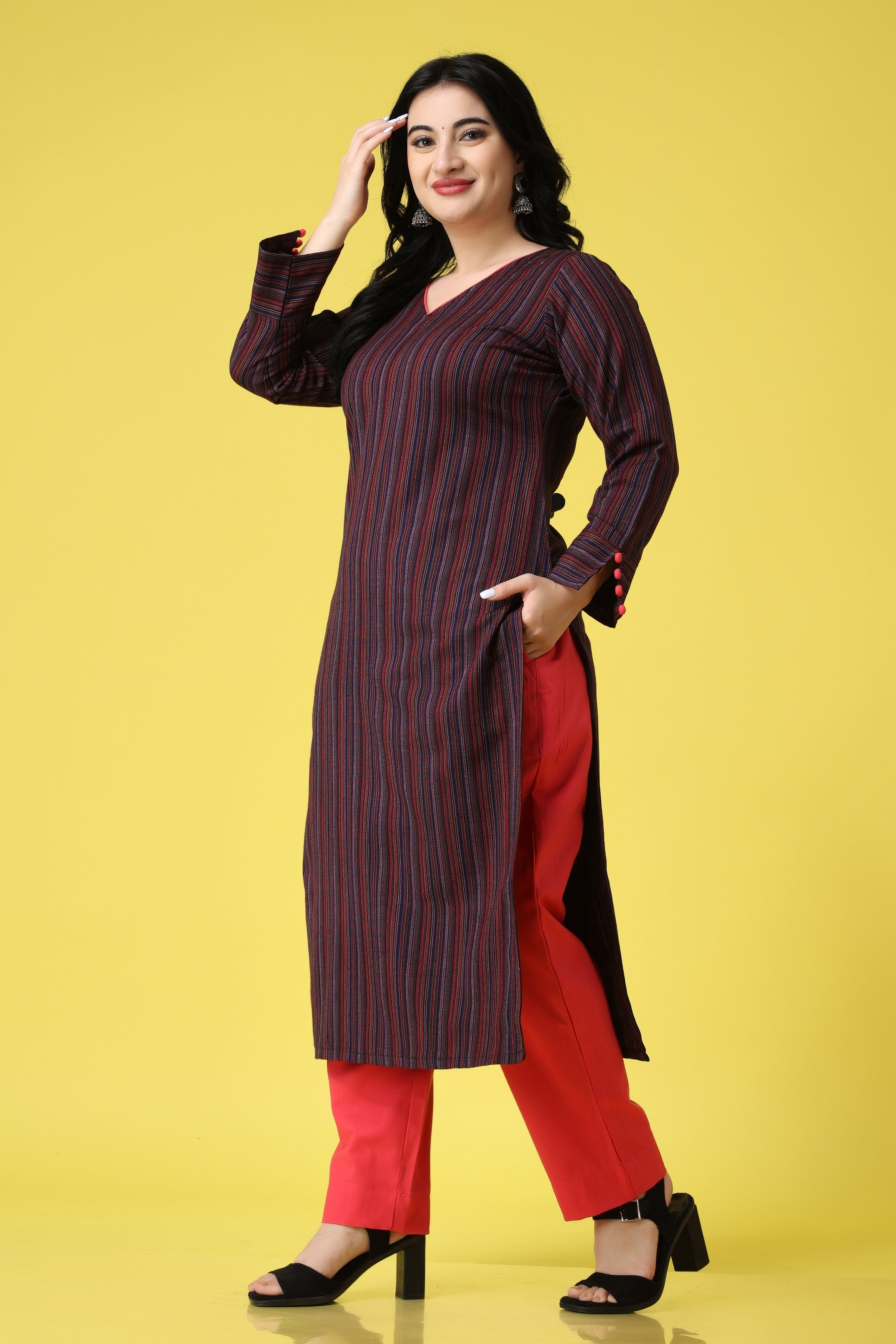 Ravishing Red Colour Cotton Kurti With Multicolour Embroidered Jaal