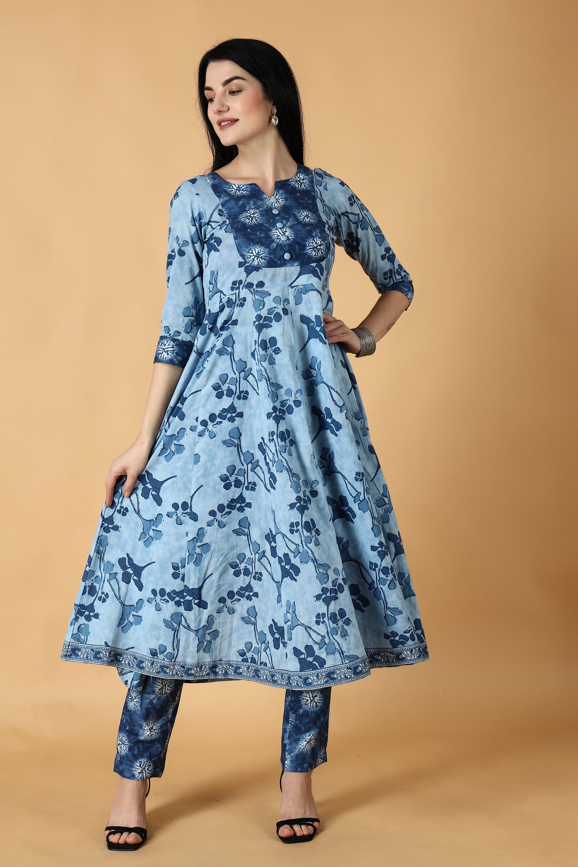 Women Plus Size Blue Printed Cotton Anarkali Set | Apella