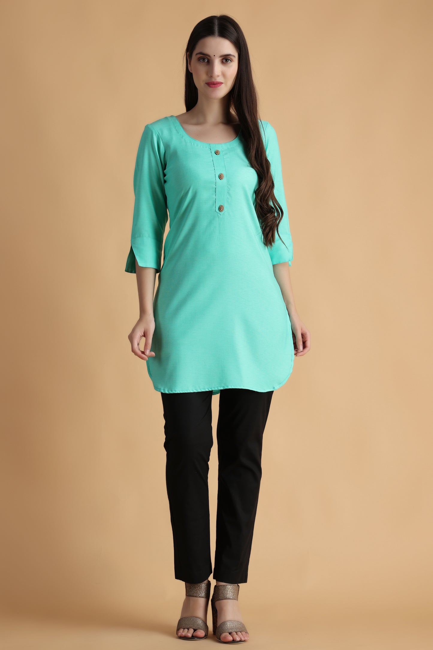 Women Plus Size Sea Green Cotton Short kurti with pant set | Apella 