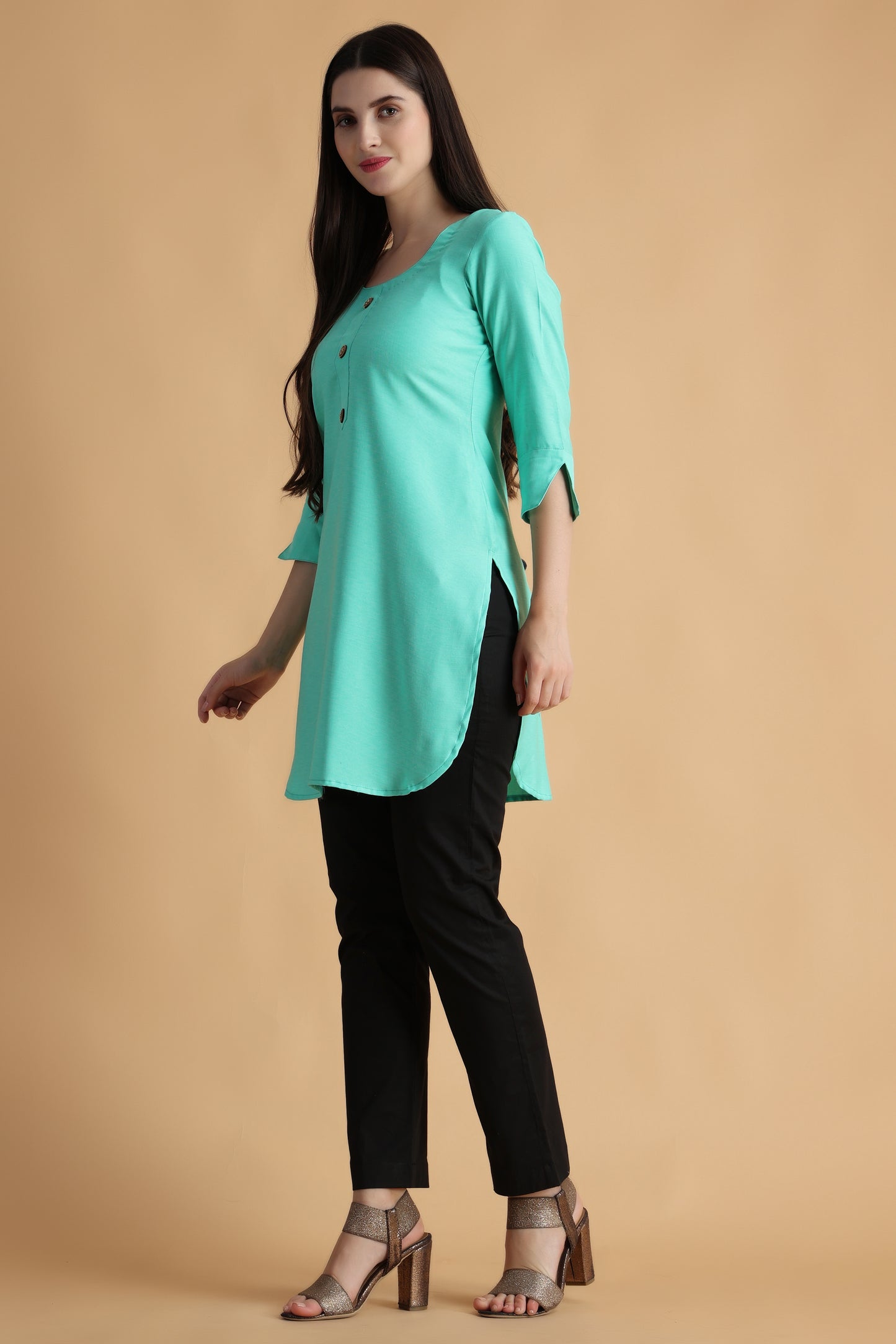 Women Plus Size Sea Green Cotton Short kurti with pant set | Apella