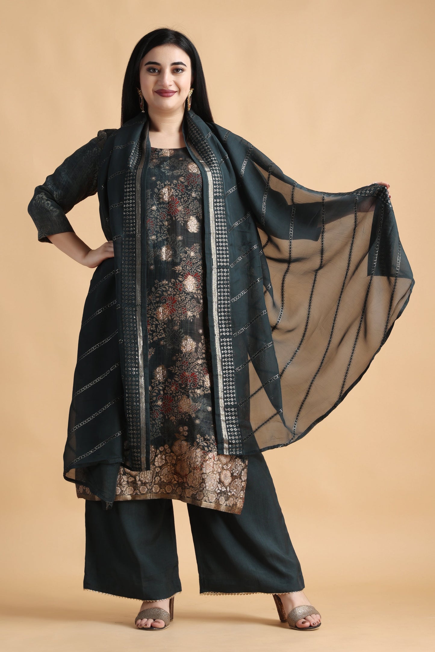 Womens Plus Size Black Fancy silk Kurti Pant Set | Apella