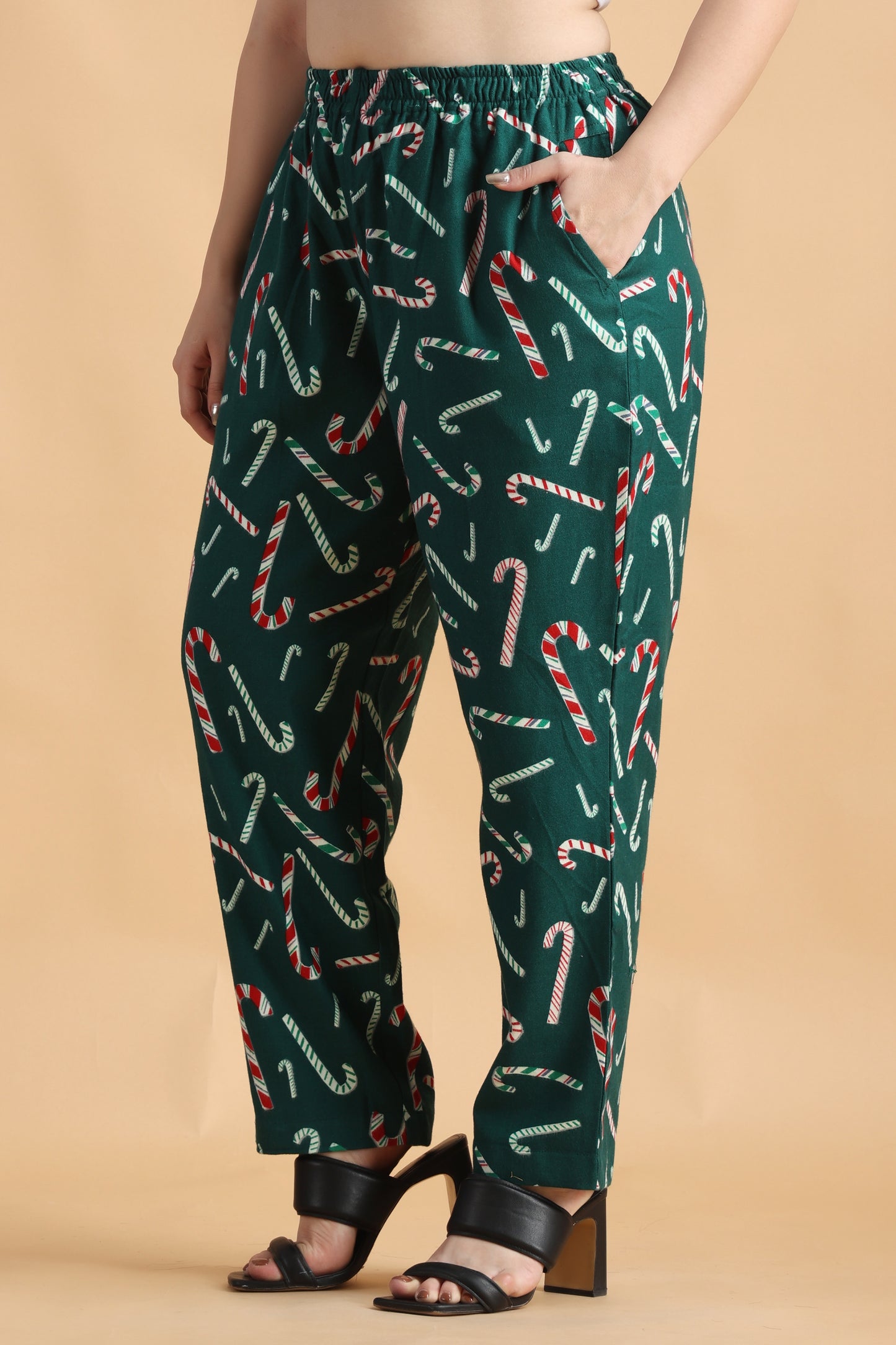 Women Plus Size Green Printed Woollen Pajama With Double Pocket