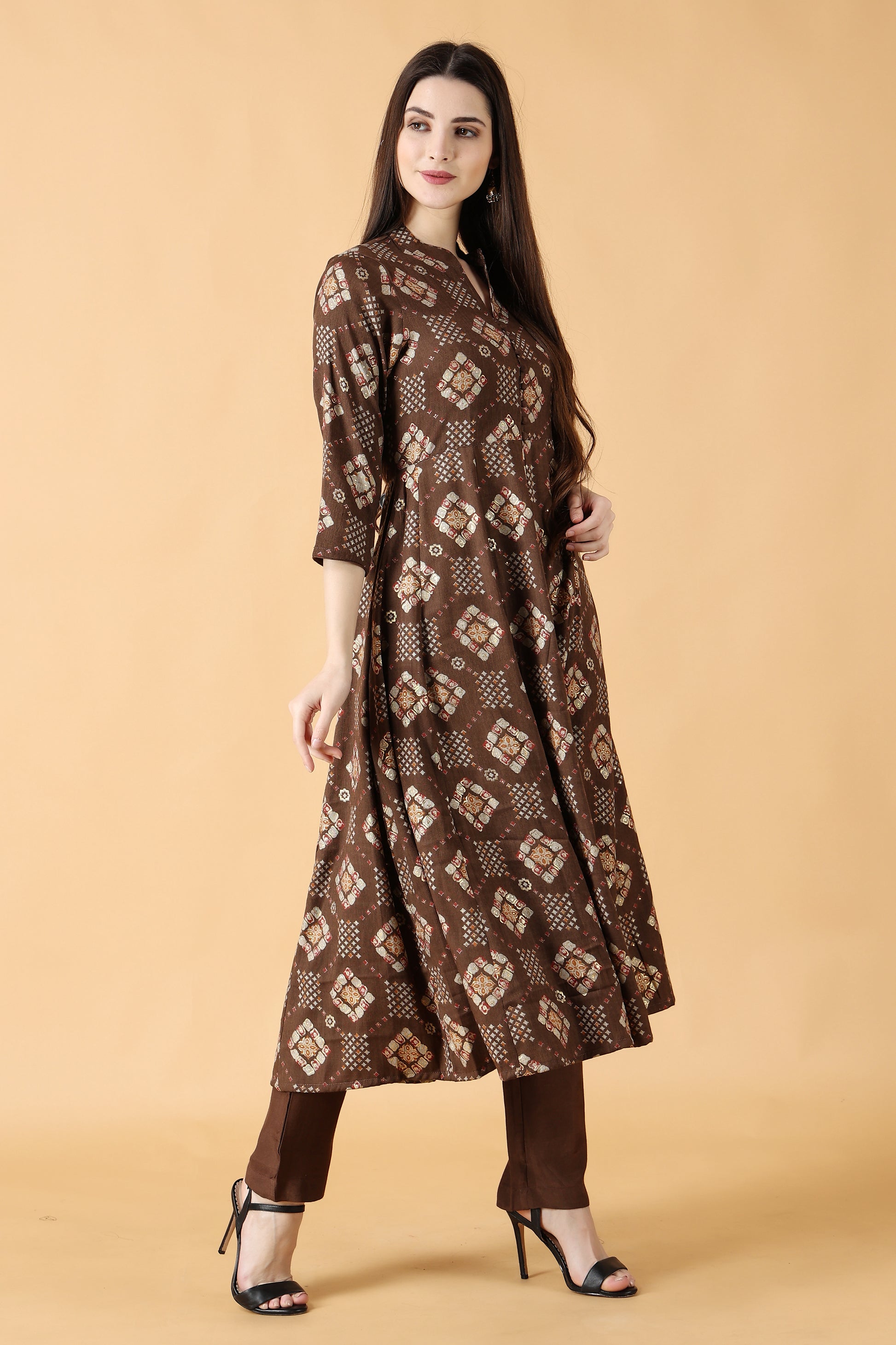 Women Plus Size Brown Printed Anarkali Kurta Set | Apella