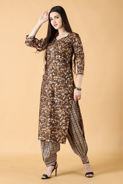 Women Plus Size Brown Printed Afghani online kurti set | Apella