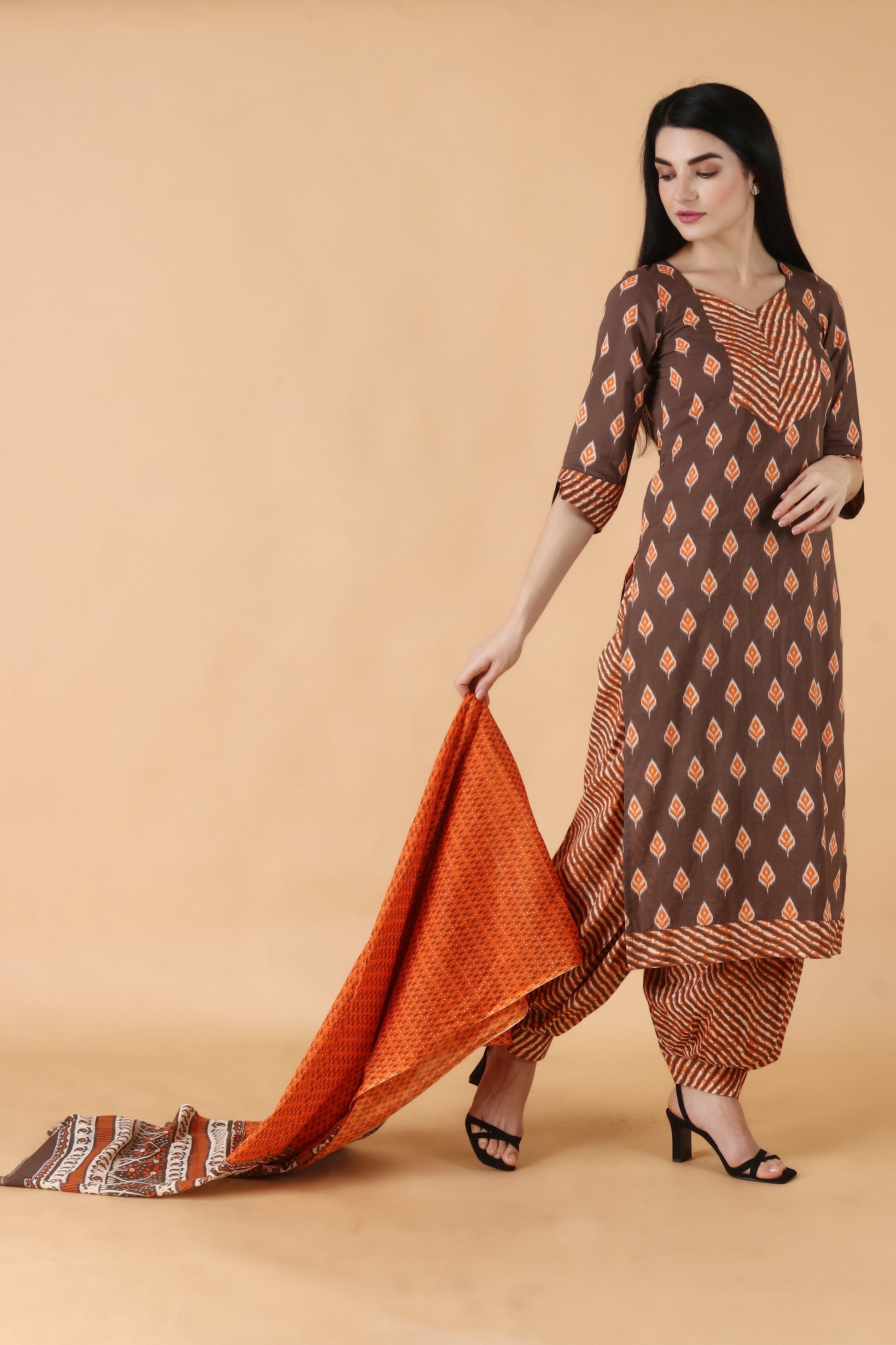 Afghani Salwar, All Size, Brown, Brown Cotton Suit, Brown Printed Kurta Set, Cotton, Cotton Suit, Double Pockets, Drawstring, Dual Pockets, Elastic, Lehriya Print, One Side Pockets, Orange Co