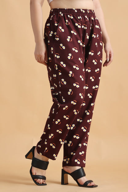 Women Plus Size Brown Printed Woollen Pajama With Double Pocket