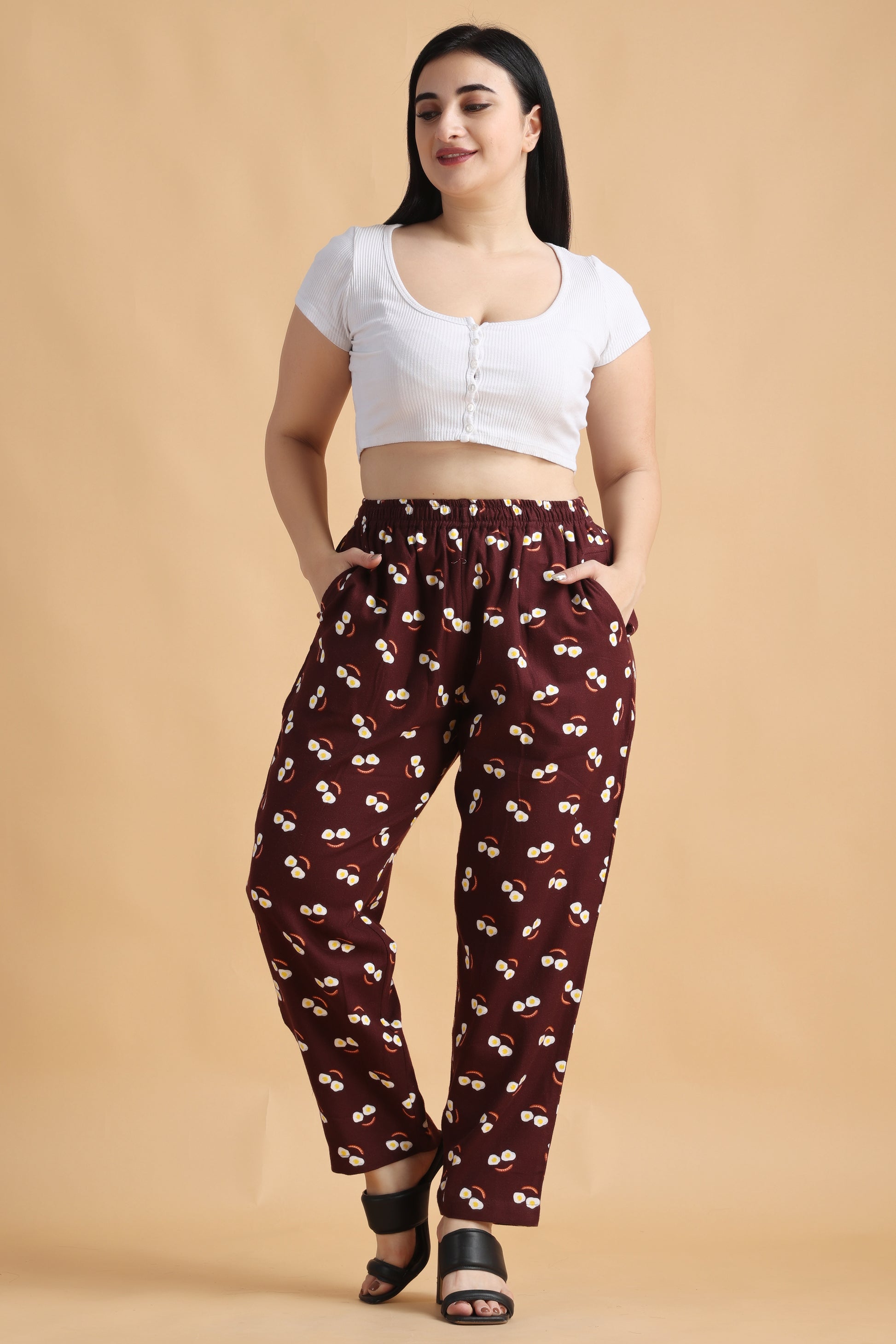 Women Plus Size Brown Printed Woollen Pajama With Double Pocket