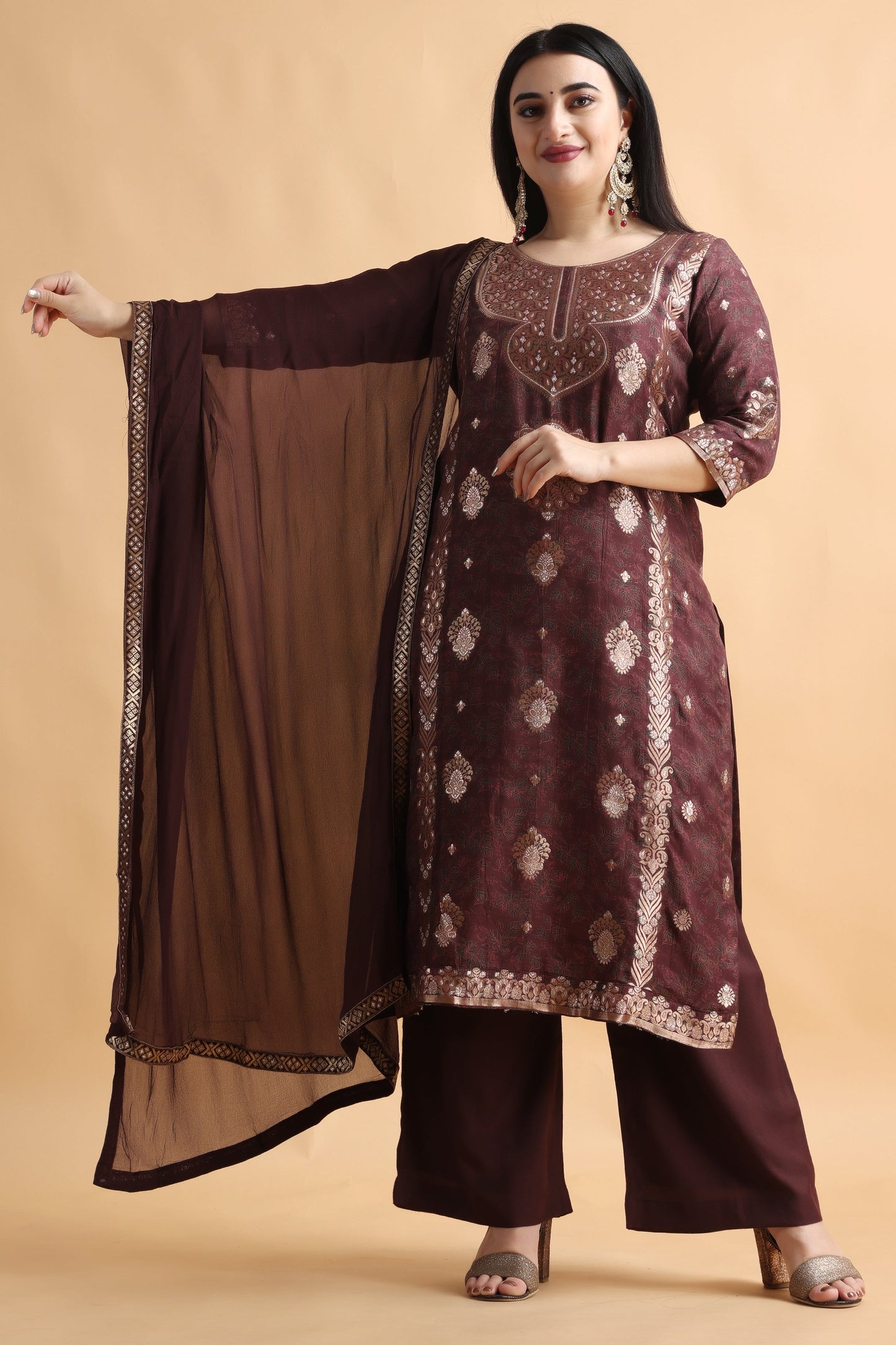 Women Plus Size Brown Fancy Silk Pant Kurti Set | Apella